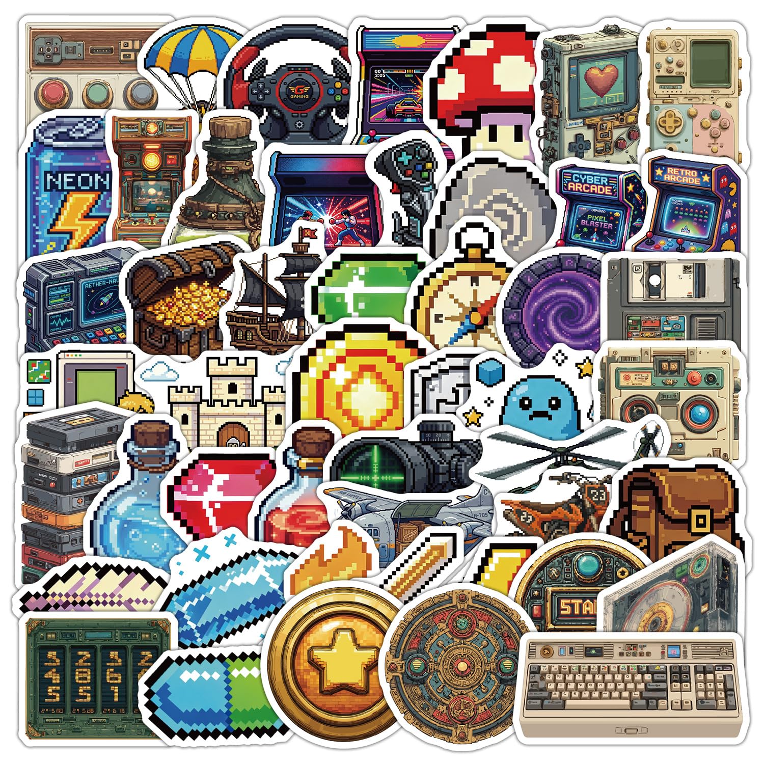 50 Pcs Pixel Game Vinyl Decals Retro Gaming Graphic Stickers for Notebook