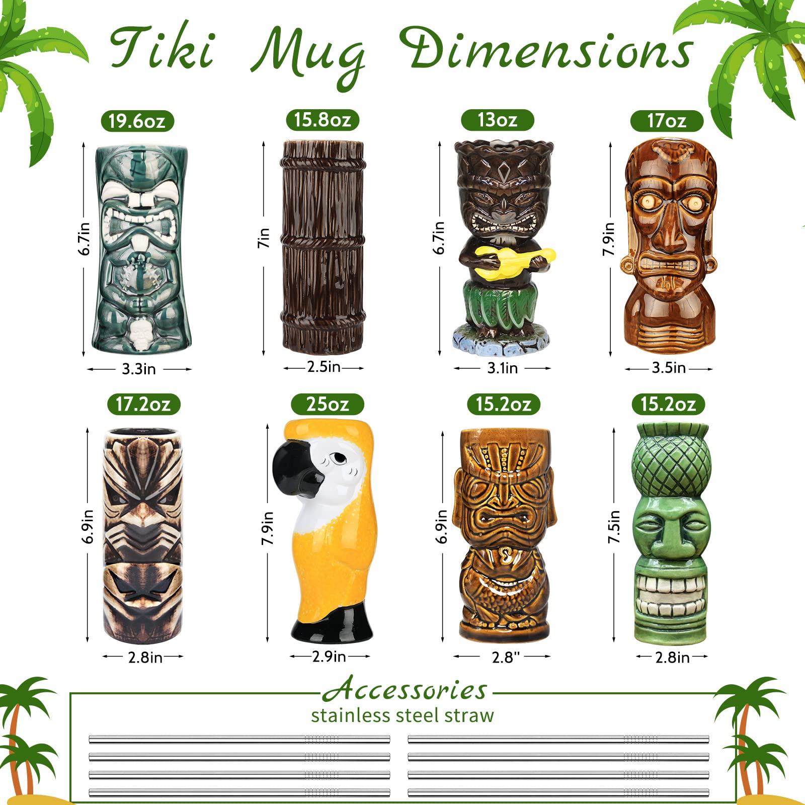 SuproBarware Juego de 8 vasos de cóctel Tiki de cerámica colorida, decoración de fiesta hawaiana para fiestas exóticas