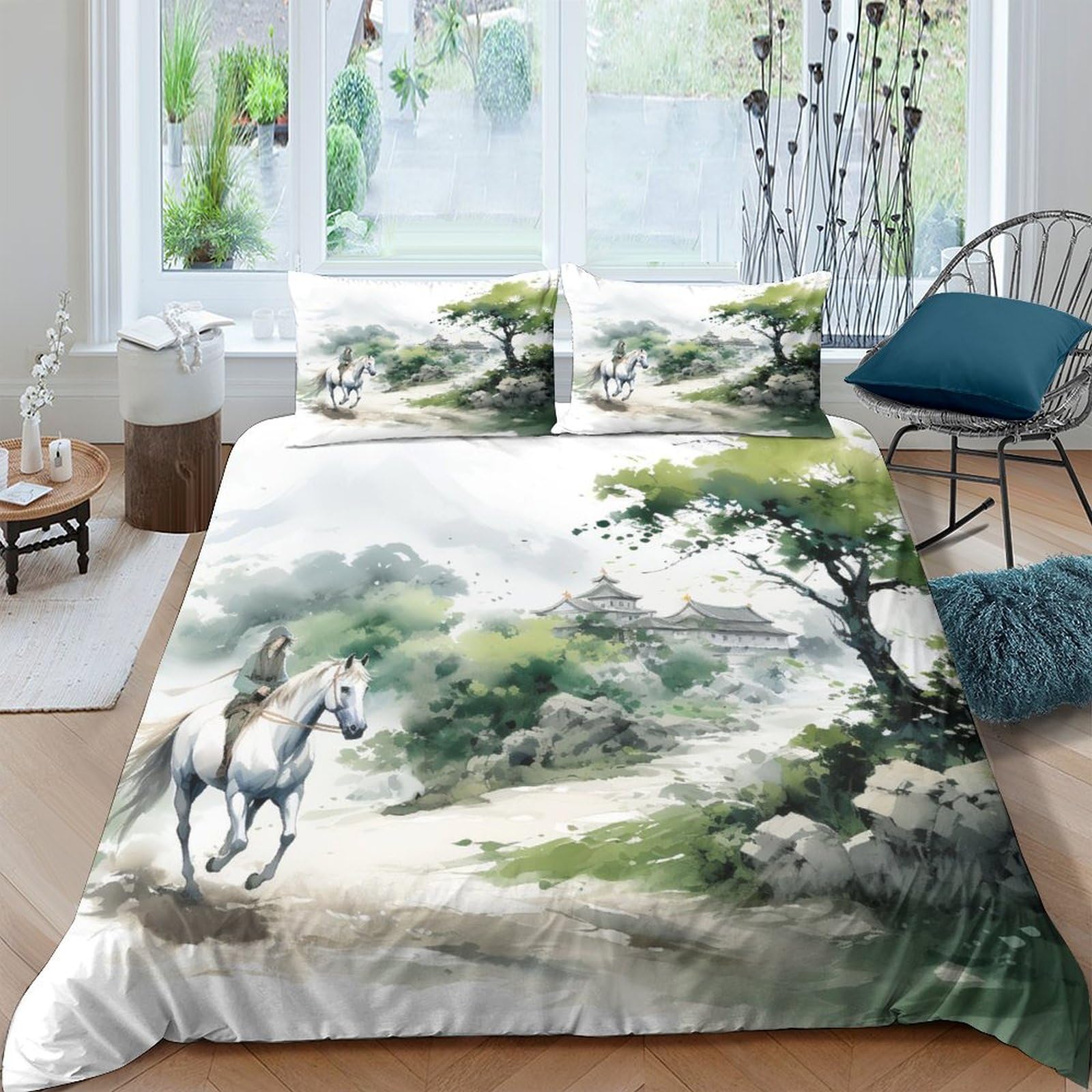 Oriental Style Bedding Duvet Cover 3D Horse Animal Landscape Printed Quilt Duvet Cover with Zipper Closure, Soft Microfiber Bedding For Adults And Children King（220x240cm）