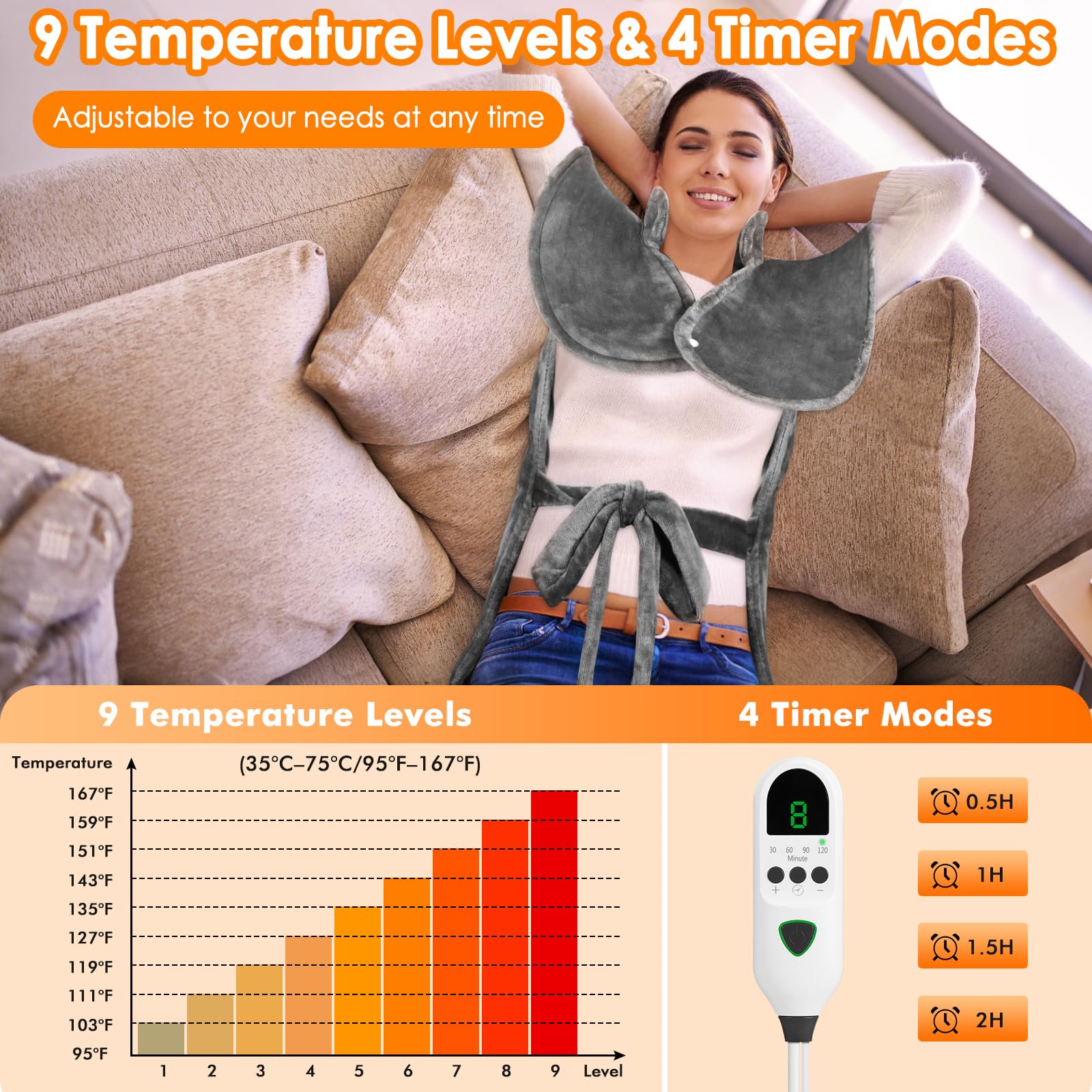 Almohadilla Térmica para Espalda, Hombros y Cuello, Manta Eléctrica con Apagado Automático, Almohadilla Térmica Eléctrica con 9 Configuraciones de Temperatura, Función de Temporizador (60x80cm)
