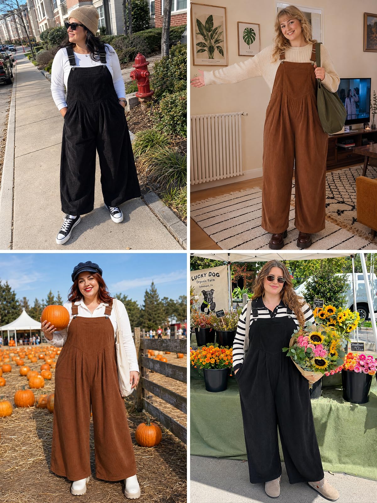 Moon Wood Cord-Overall, Übergröße, weites Bein, Jumpsuits für Damen, leger