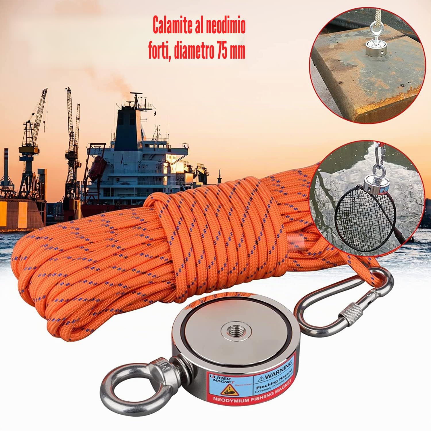 ULIBERMAGNET Magneti da pesca double face super potenti combinati 500 kg N52 kit da pesca magnete al neodimio con corda, artiglio, guanti, per la pesca magnetica e la caccia al tesoro sott'acqua