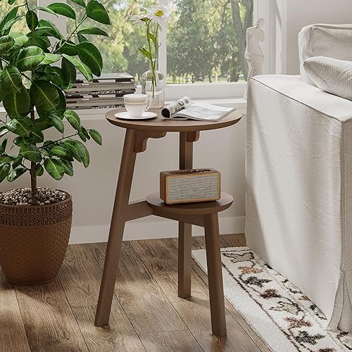 Miniatura 3 de ChooChoo Mesa auxiliar redonda para espacios pequeños, mesa auxiliar estrecha, mesa de noche con estante de 2 niveles para dormitorio y sala de