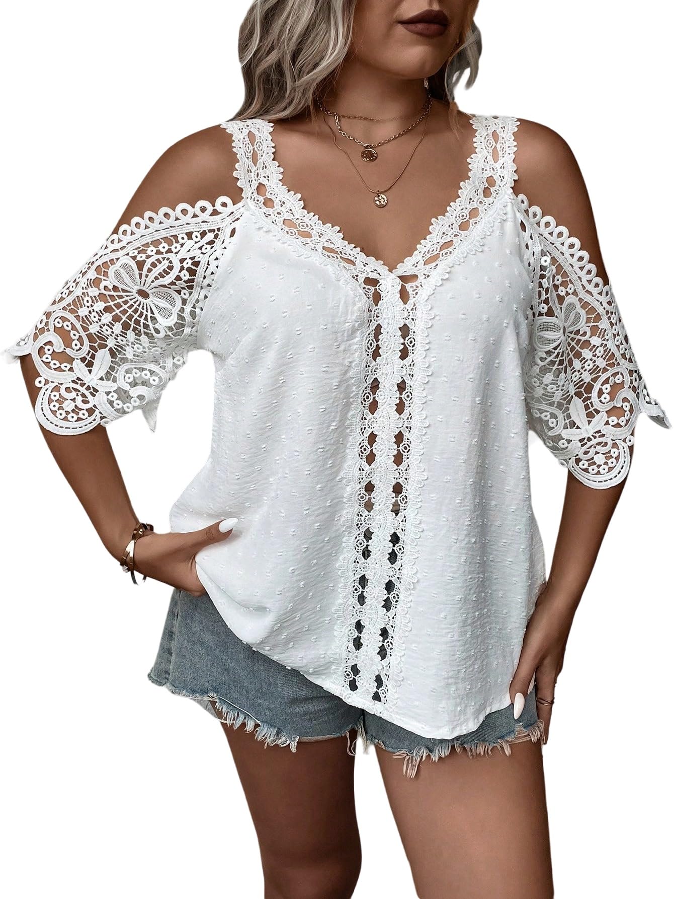GORGLITTER Camicetta da donna, taglie forti, elegante, estiva, con pizzo, spalle scoperte, stile boho, per il tempo libero