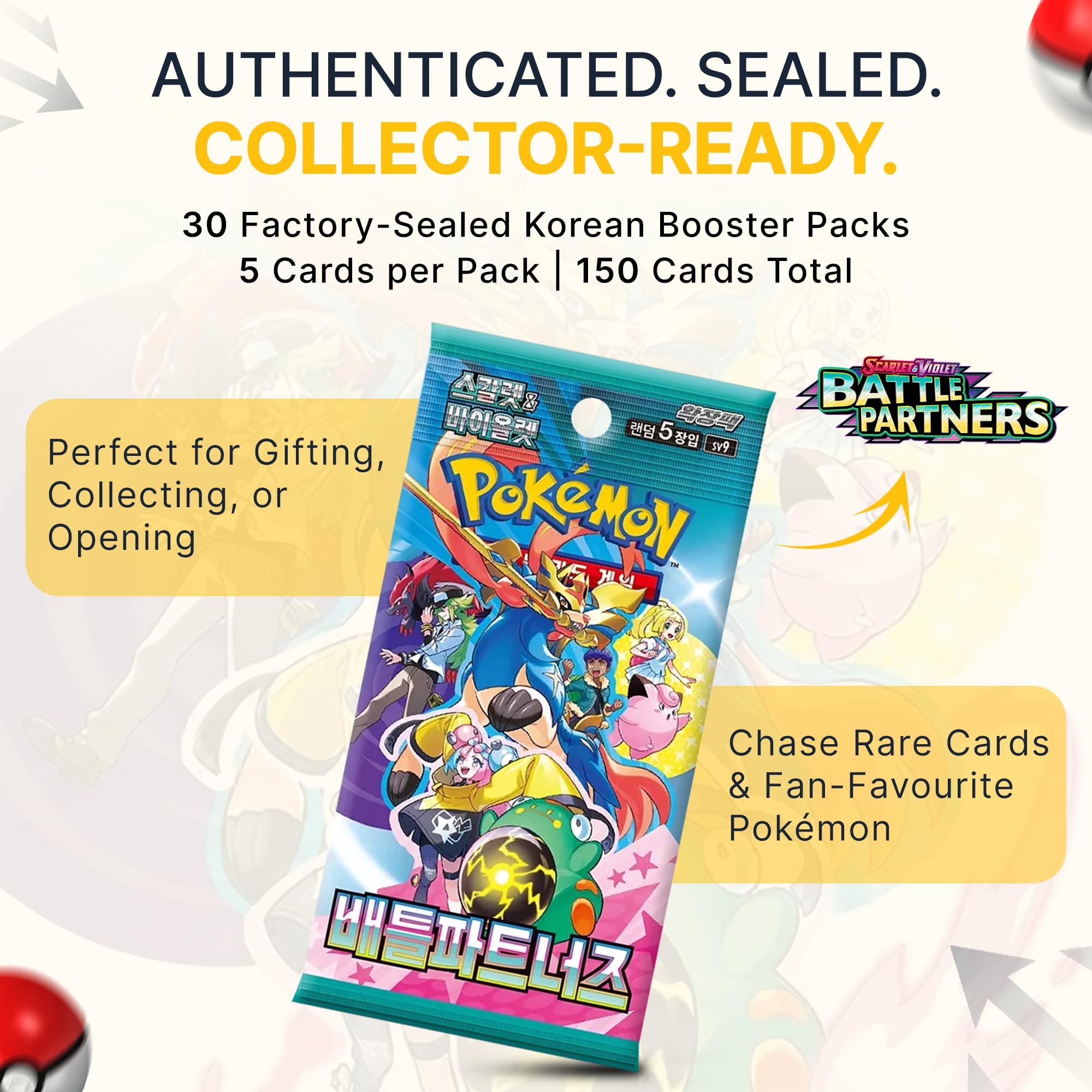 Pokemon TCG Battle Partners SV9 Koreanische Booster-Box, koreanische Pokémon-Karten, 30 Boosterpacks (5 Karten pro Packung, Scharlachrot und Violett-Serie, Titan-Authentifiziert)