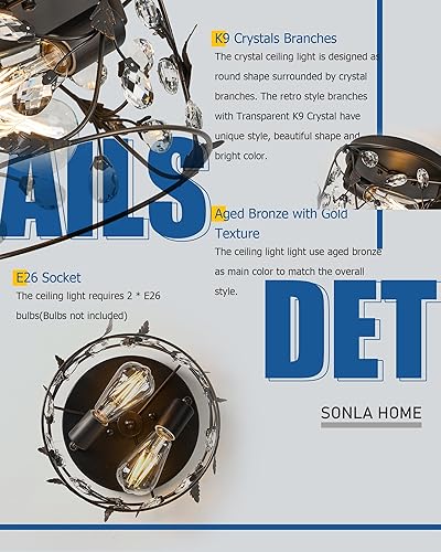 Miniatura 4 de Lámpara de techo, luces de techo de cristal vintage, ramas de cristal cerca del techo, lámpara de techo de montaje empotrado negro y dorado, luces