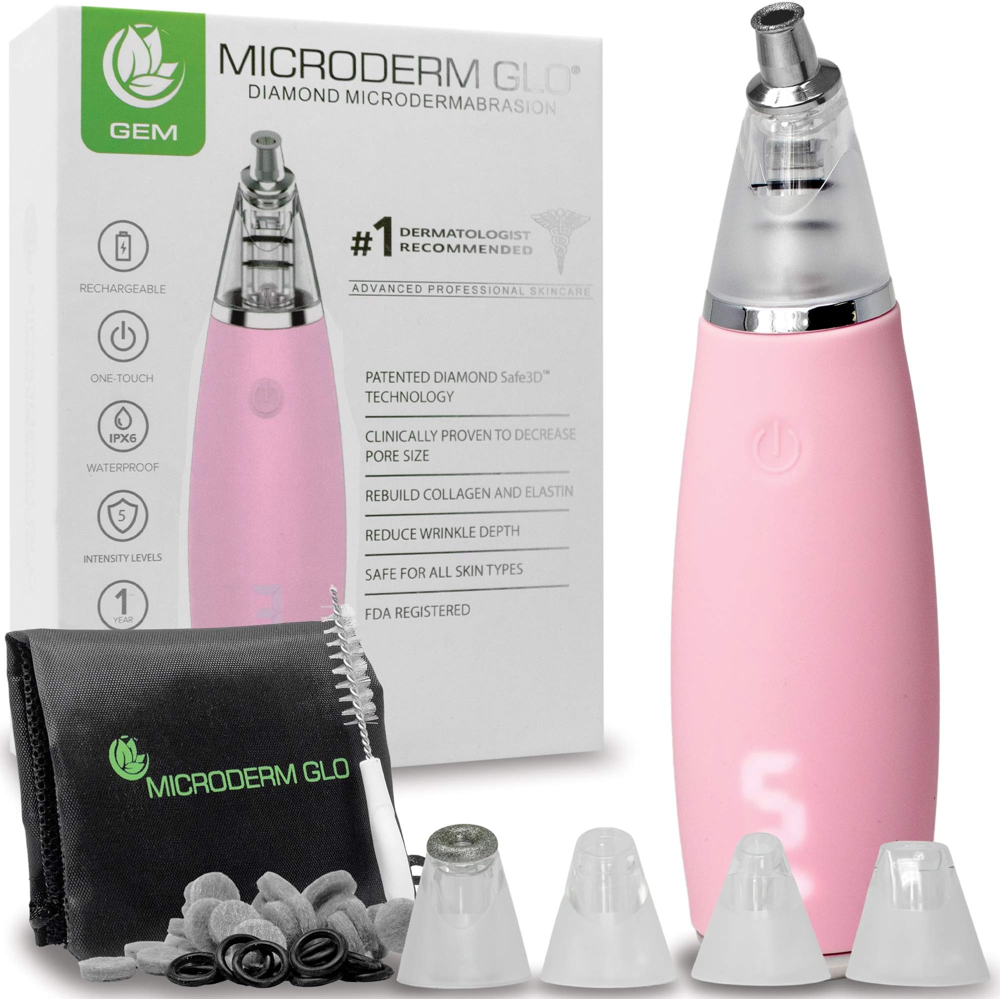 Microderm GLO GEM Diamond Microdermabrasion and Suction Tool - Blackhead Remover Pore Vacuum Advanced Facial Treatment Machine - Anti Aging Wrinkle Care for Collagen Production & Acne Scars (Pink)