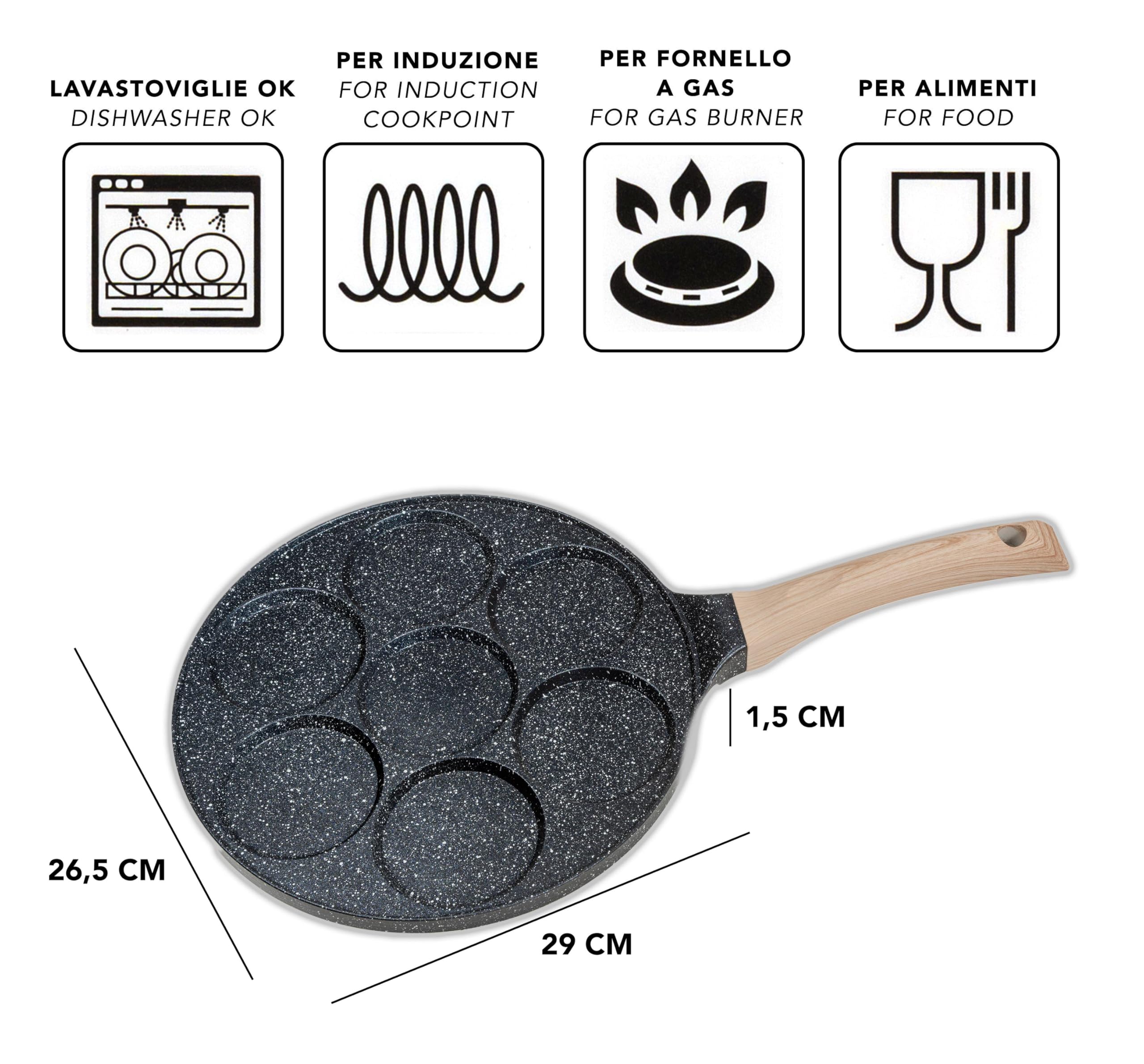 IPEA Padella Pancake Antiaderente per Induzione e Gas - Anti Aderente in Alluminio Per Frittata, Crepes, Uova, Hamburger - Padella da Cucina con 7 Stampi - Manico Comfort - 29 x 26,5 cm