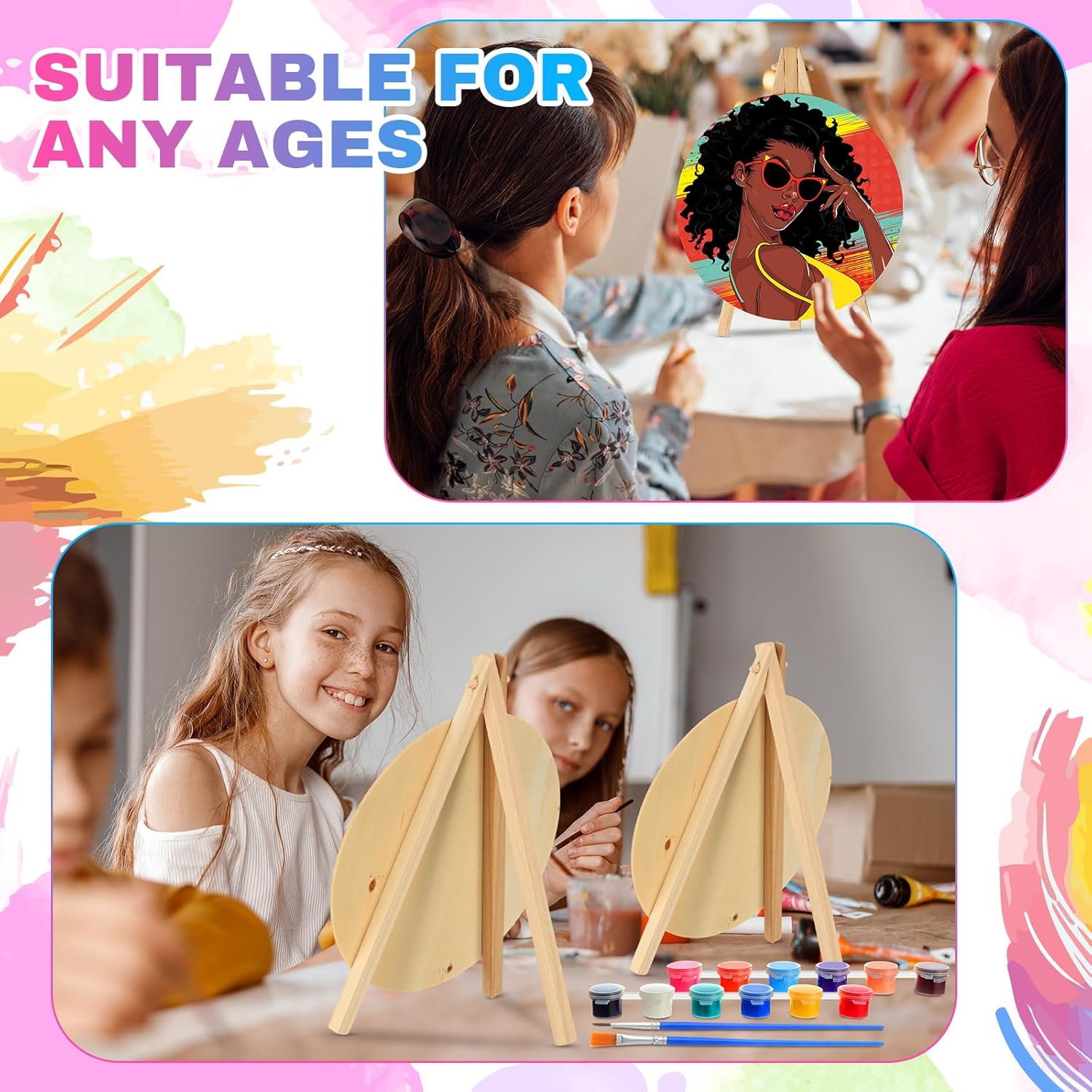 Supervitae 72 Piece Black Girls Round Pre Drawn Canvas Kit 5.9" Paint and Sip Kit for Adults Painting Party Pre Printed Canvas DIY with Pictures Paints Easels Brushes for Party Gifts