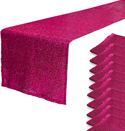 JYFLZQ Camino de mesa de lentejuelas rosa intenso de 12 x 108 pulgadas, paquete de 10 caminos de mesa metálicos brillantes de color fucsia con