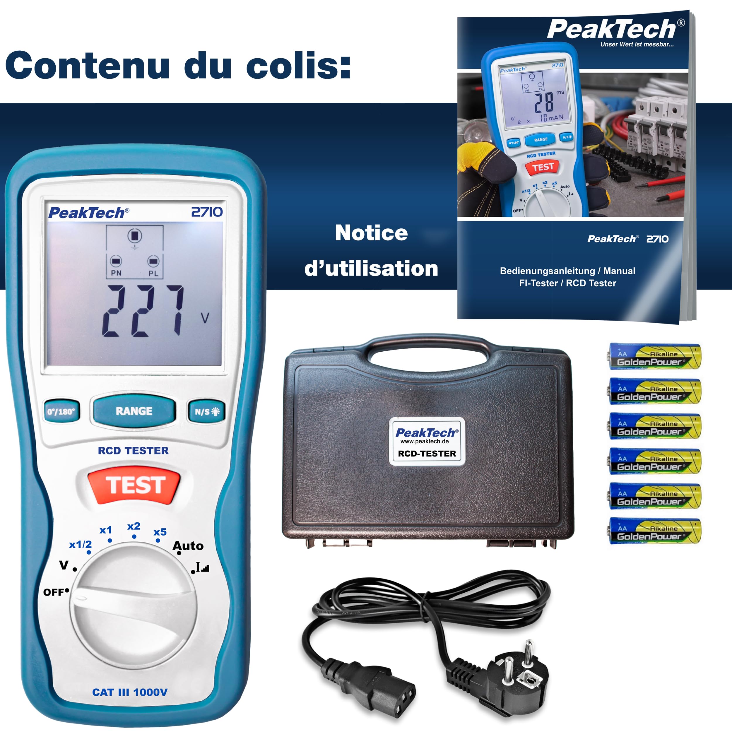 PeakTech P 2710 - Testeur FI Numérique avec Grand Écran LCD, Disjoncteur Différentiel RCD, Boîtier Double Isolation, pour Réseau 230V/50Hz - CAT III 600 V