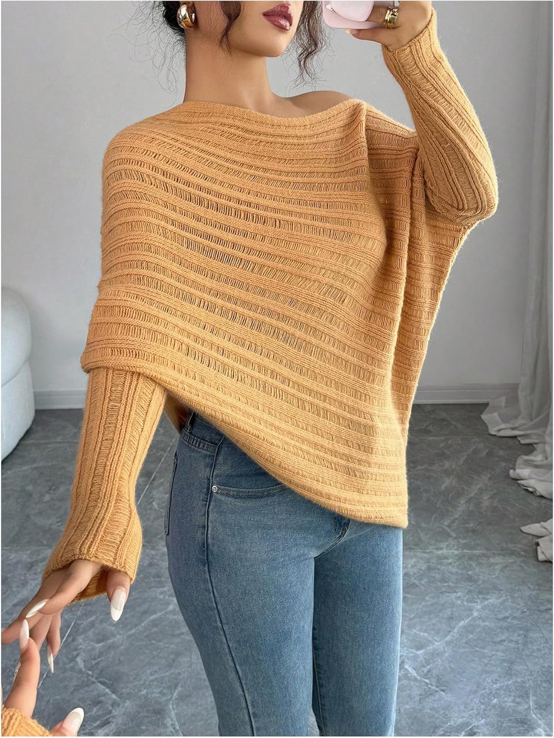 Milumia Women's Off The Shoulder Sweater Dolman Long Sleeve Asymmetrical Knit Tops