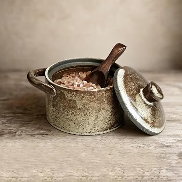 Handcrafted Speckled Ceramic Salt Cellar with Wooden Spoon, Rustic Vintage Spice Jar, Dishwasher Safe, 8.45 fl oz Peckled Ceramic