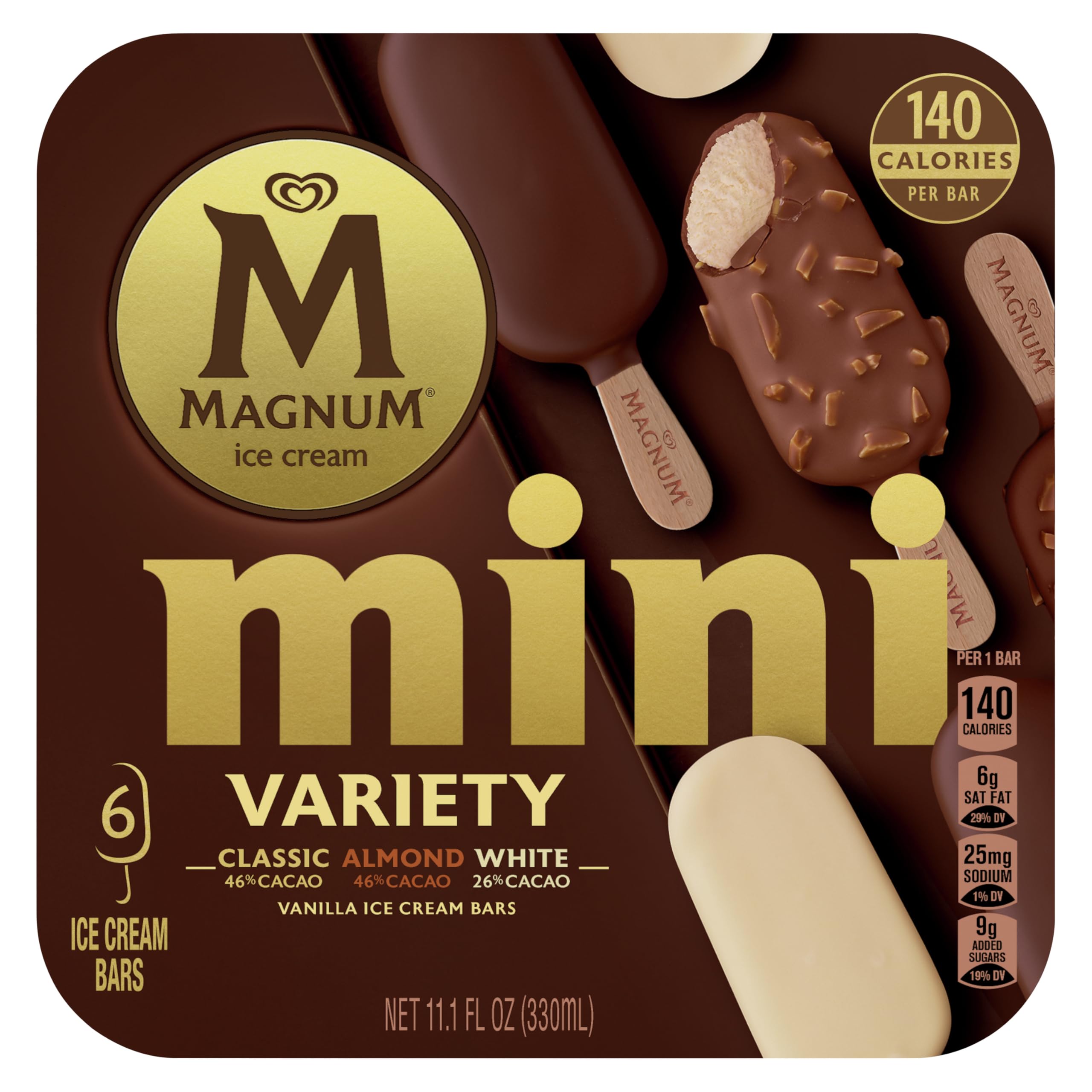 Magnum Mini Ice Cream Bars 6 Count Classic Almond White For an Indulgent Frozen Dessert Made with Premium Milk Chocolate 11.1 oz