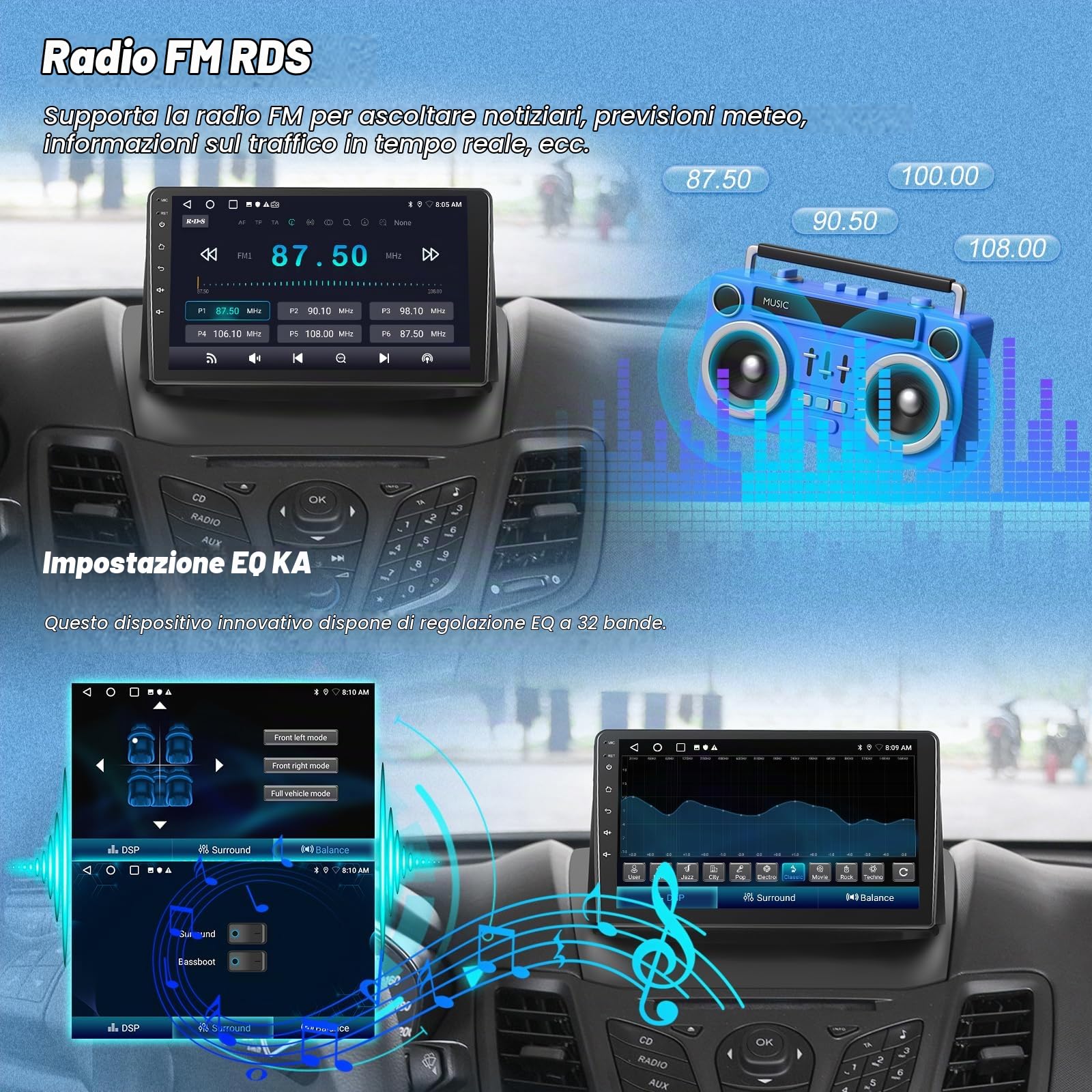 Autoradio per Ford Fiesta 2009-2014 con Wirelss Carplay e Android Auto