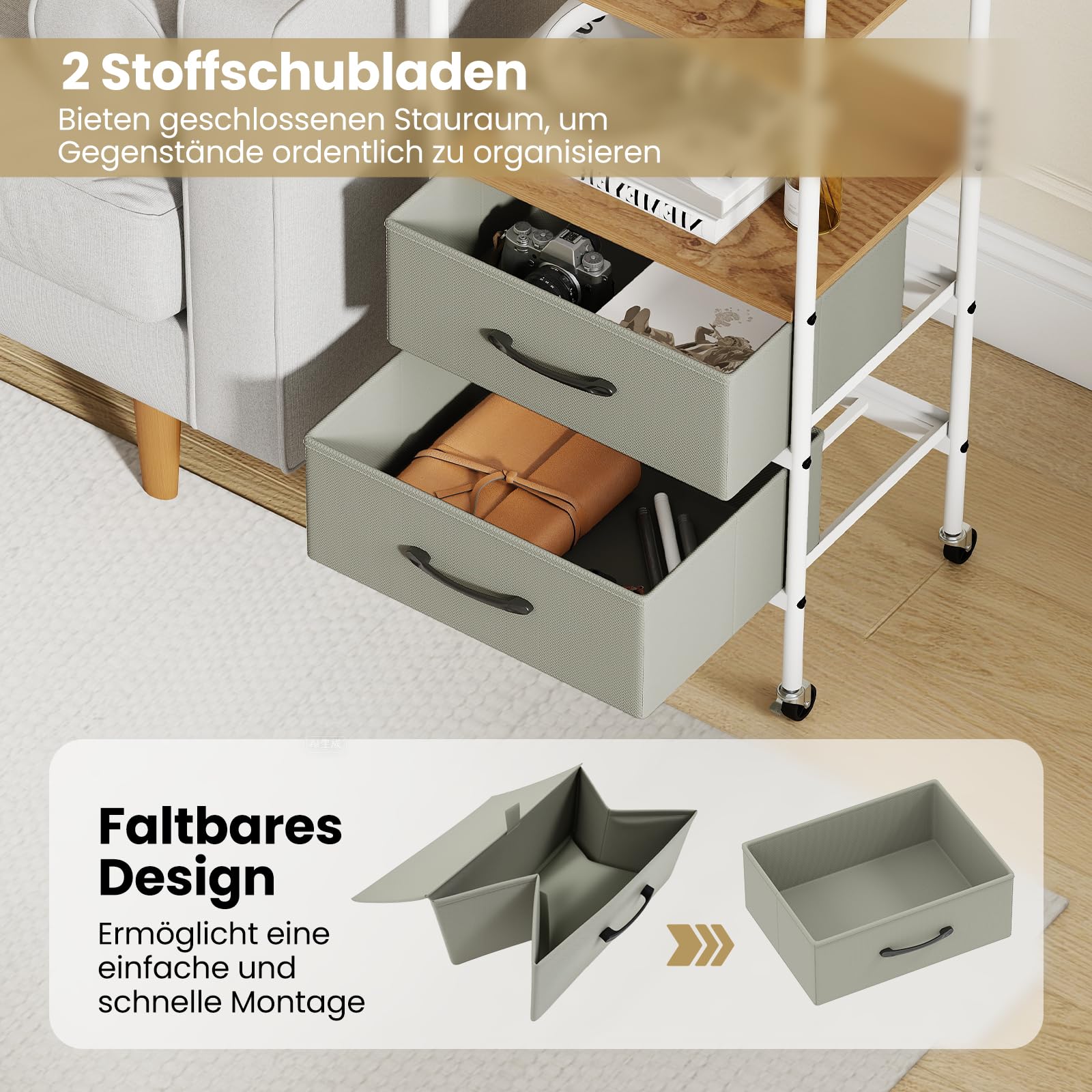 COSTWAY Wózek na kółkach z 2 szufladami z materiału i półkami, kontener na kółkach z 4 kółkami i metalową ramą, wózek z szufladami, wąski, wózek do serwowania do domu i biura, 30 x 43,5 x 96 cm