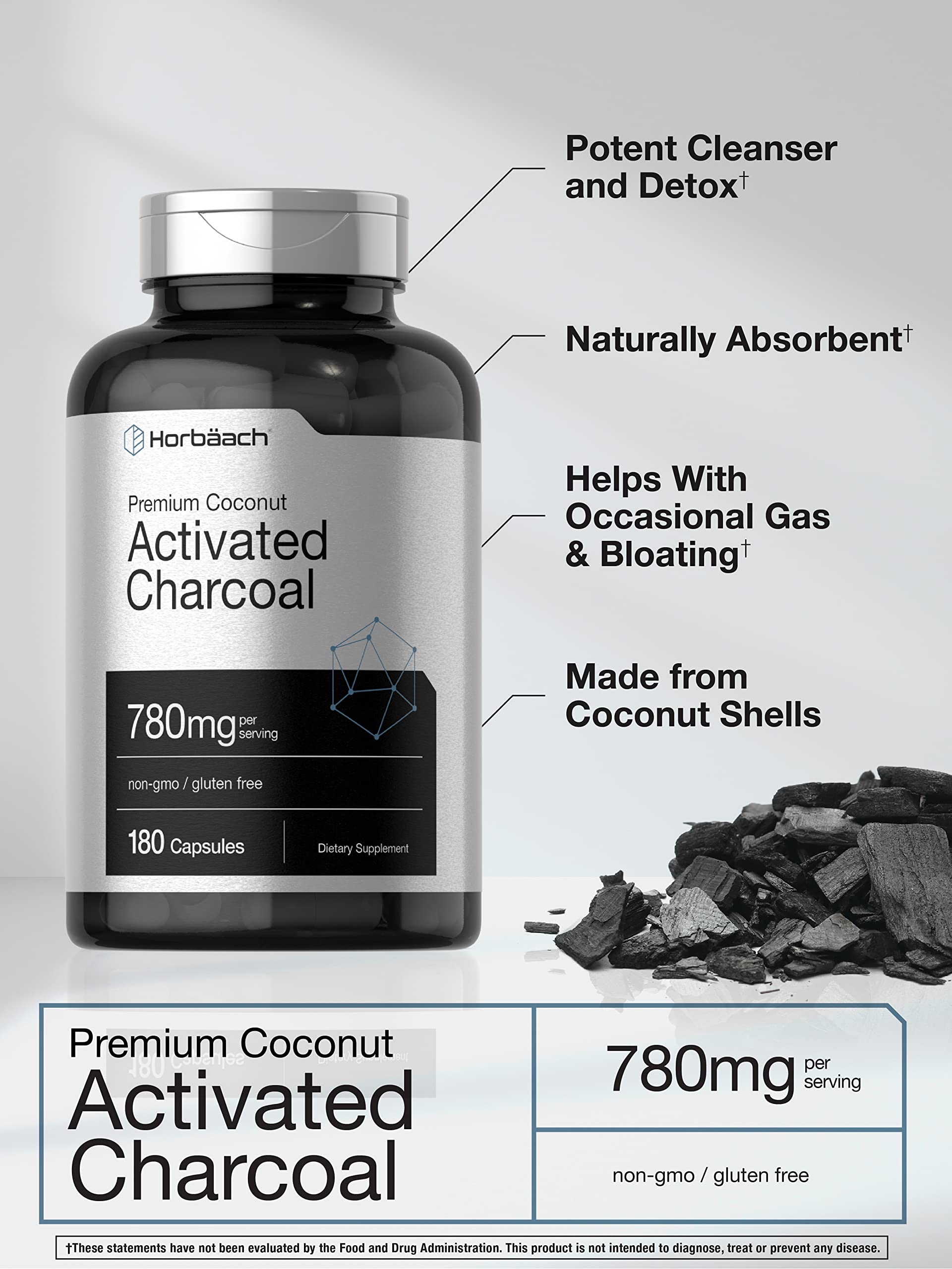 Buy Activated Charcoal 780mg 180 Capsules from Coconut Shells Non