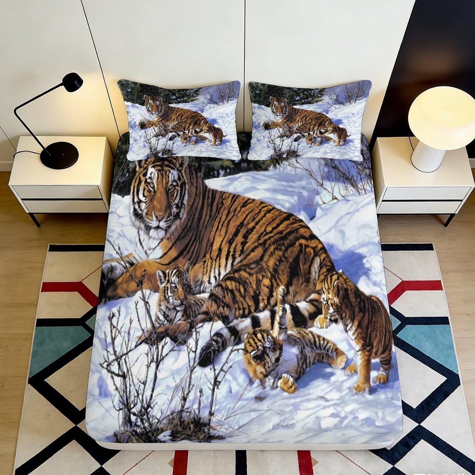 3D Printed Tiger Family Fitted Sheet Microfiber Soft Breathable Snow Pattern Bed Cover for Bedroom Dormitory Guest Room Mattress Protection Decor 140x200x25cm