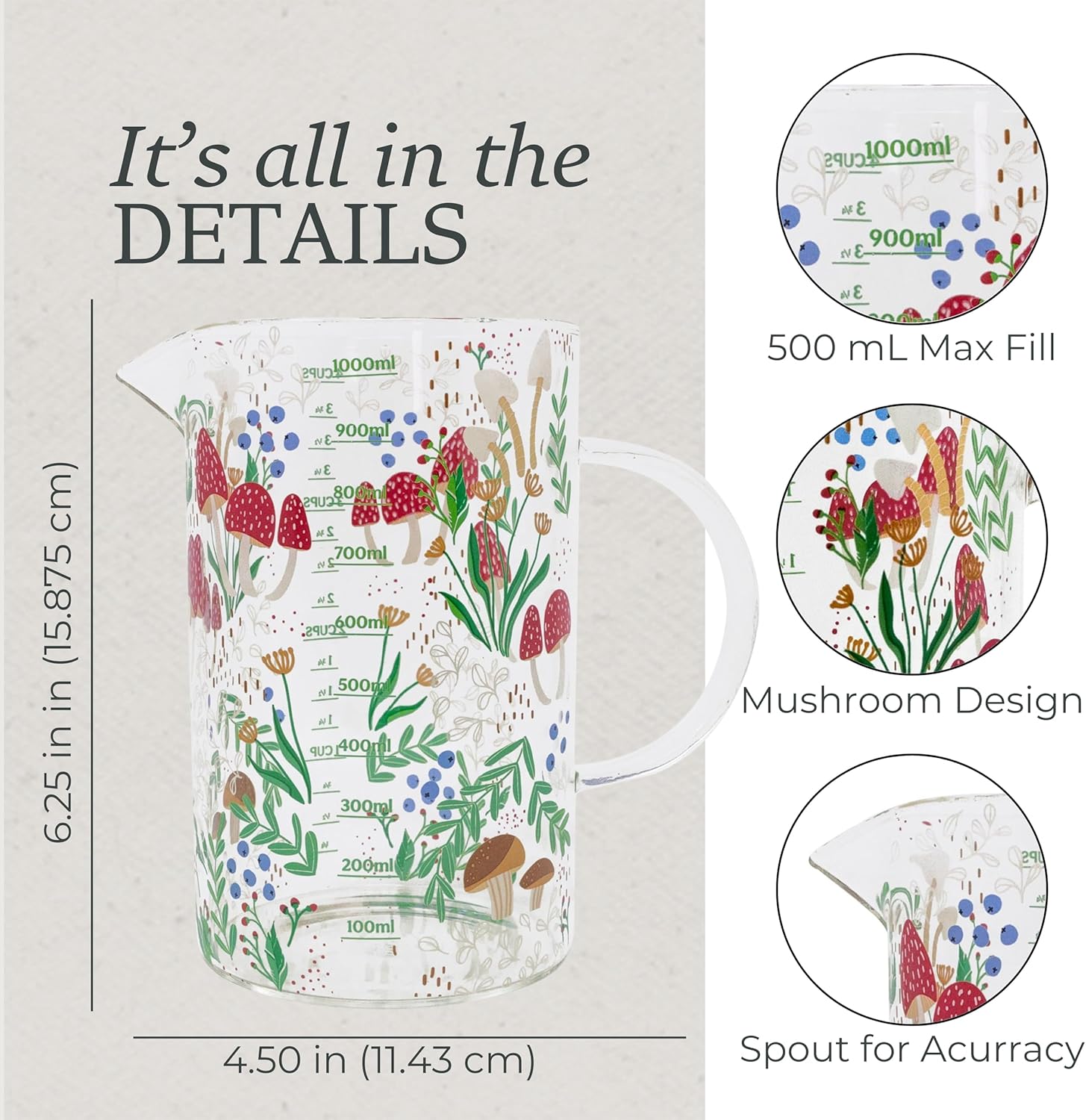 Steel Mill & Co Mushroom Measuring Cup for Liquid, Glass Beaker, Cottagecore/Hippie/Fairycore Kitchen Accessories, Mushroom (1000mL)