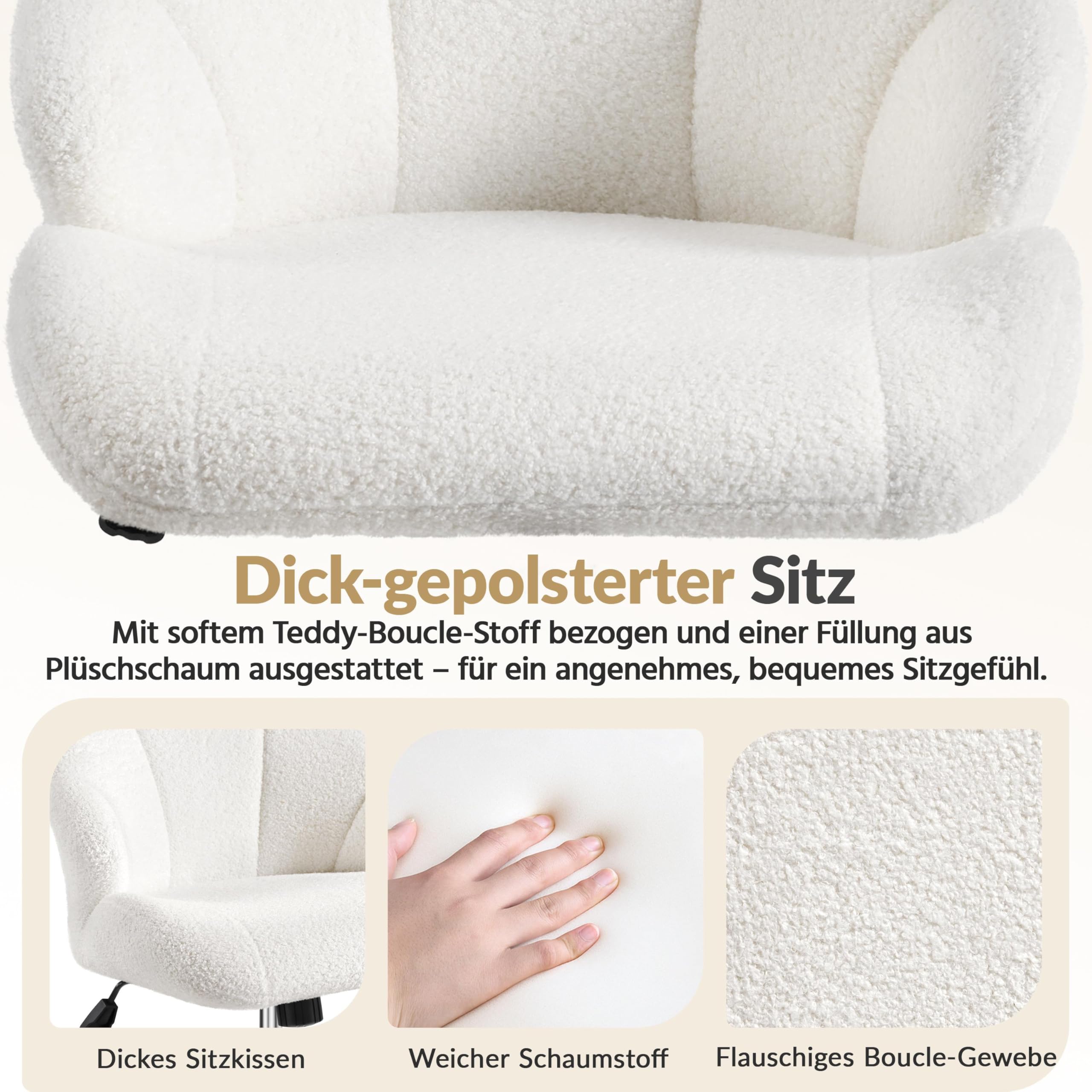 Yaheetech Homeoffice krzesło do makijażu, krzesło biurowe, z regulacją wysokości, krzesło obrotowe w kształcie muszli, krzesło biurowe z kółkami, aksamitne krzesło obciążenie do 136 kg (Boucle