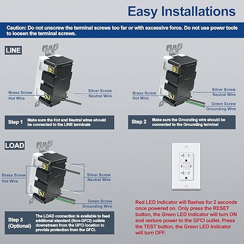 Miniatura 7 de ELECTECK Tomas GFCI de 20 amperios, resistentes a manipulaciones (TR), receptáculos GFI de autoprueba con indicador LED, interruptor de circuito de