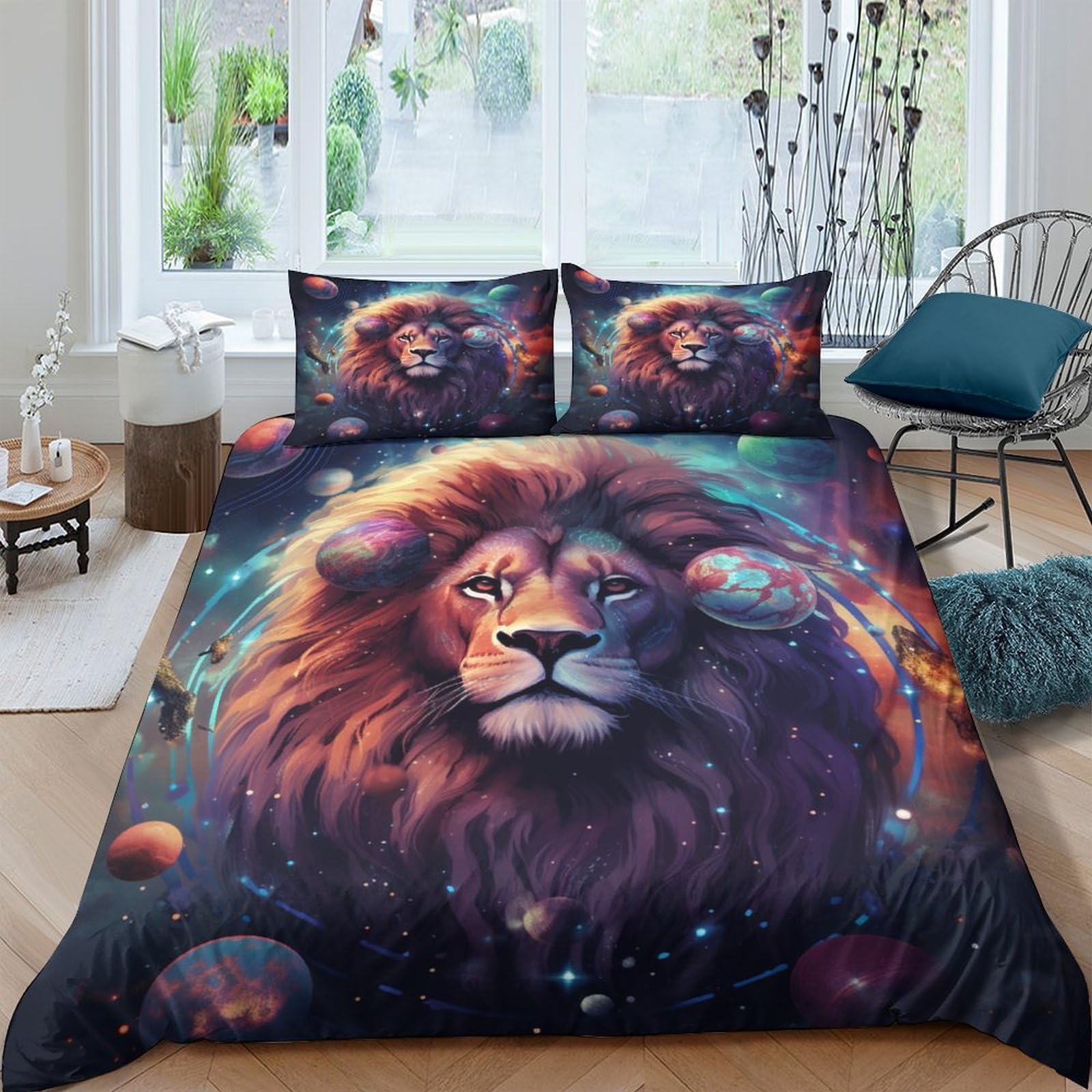 Housse de couette Lion microfibre imprimé 3D galaxie lit deux personnes 200x200