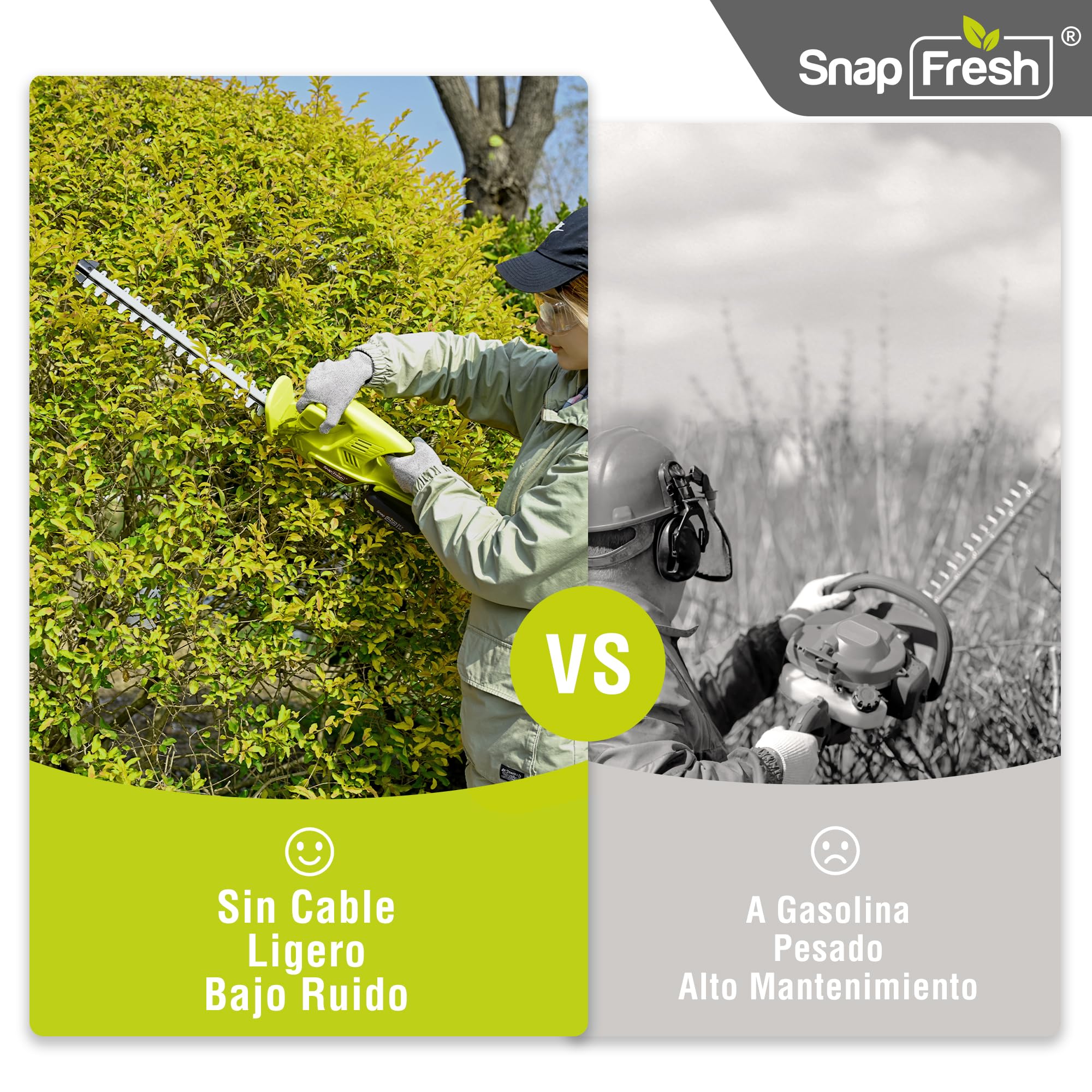 SnapFresh Cortasetos a Batería 20V, Longitud de Corte 45 cm, 2800 SPM, 65Mn, Ligero para Setos y Jardín, Batería 2,0Ah y Cargador Incluidos