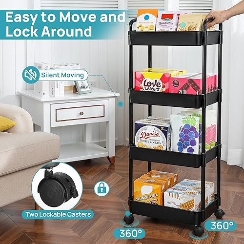 Miniatura 4 de Vtopmart Carrito rodante de 4 niveles con ruedas, carrito de almacenamiento desmontable con asa y ruedas con bloqueo, estantes organizadores, fácil