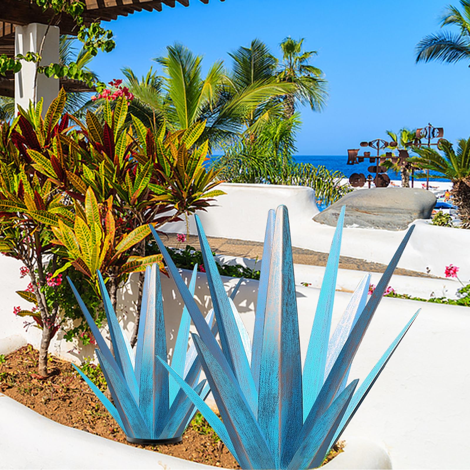 TOMBABY Enlarge Metal Plants Tequila Rustic Sculpture, Outdoor Patio Yard, Home Decor Hand Painted Agave Garden Statue, Outdoor Lawn Ornaments Yard Stakes for Mom Gift (1 Big&amp;Large Blue)