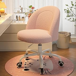 Vanity Chair with Wheels, Cute Desk Chair with Back, Armless Office Chair Height Adjustable, Soft Lumbar Support for Small Space, Bedroom, Gentle Pink