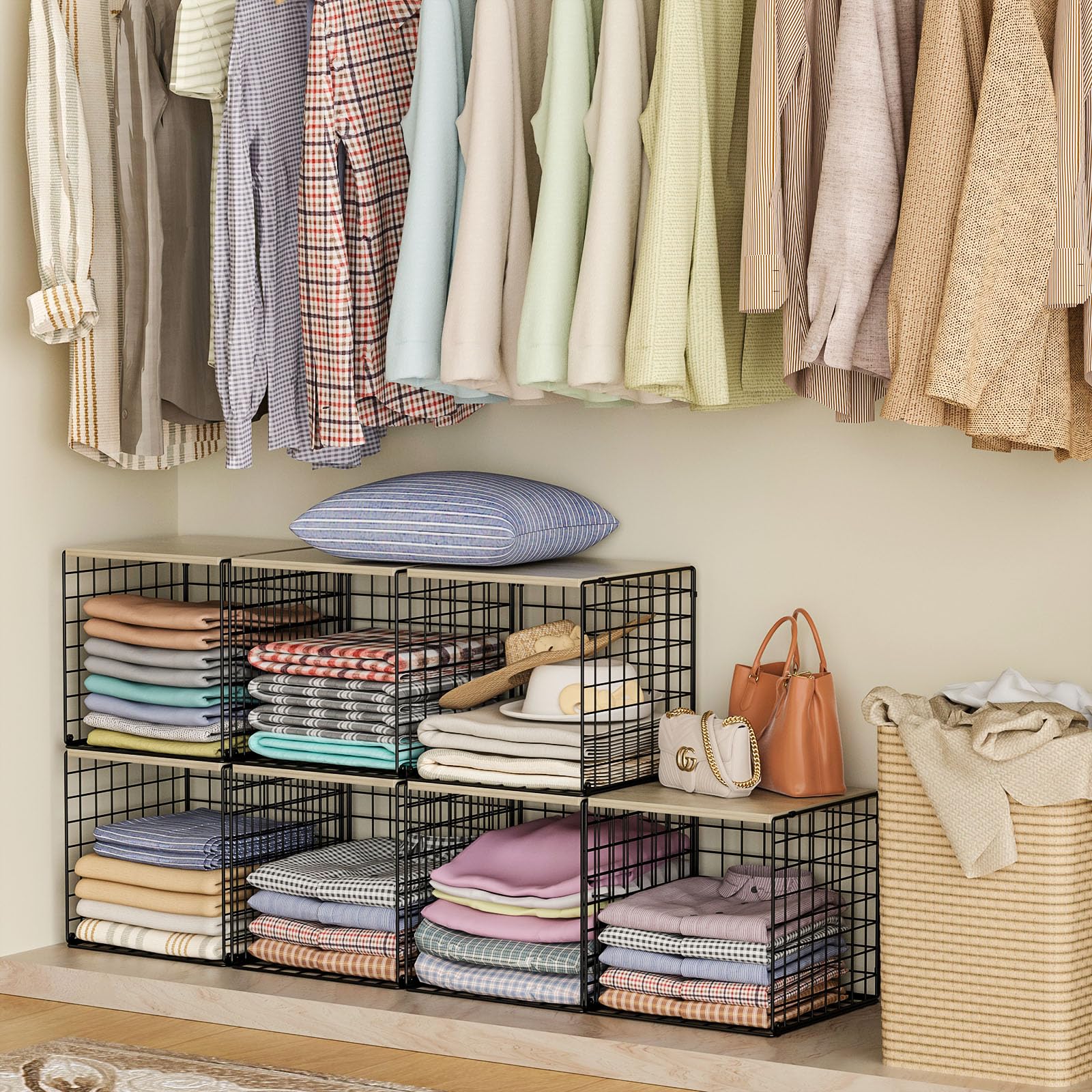 Hencawima 4-Tier Stackable Closet Organizers and Storage Basket, Shelves with Wood Top, Foldable Clothes Storage Bin/Cube Drawer Organizer for Wardrobe, Space-Saving, Closet Organization,Black