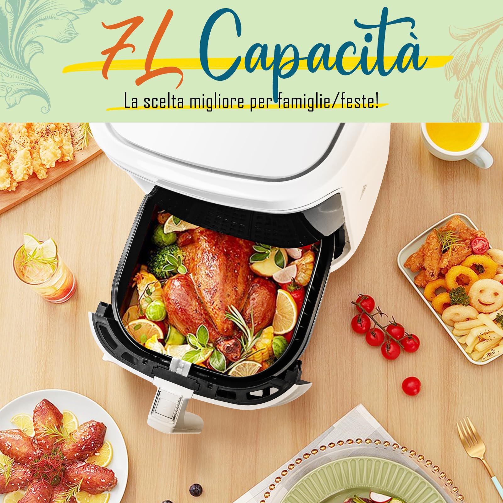 Aigostar Friggitrice ad Aria 7L Smart 1900W - WiFi/App con Ricette, 7 Programmi, Schermo LED Touch, Circolazione Aria 360°, Cottura Senza Olio, Cestello Rimovibile Lavabile in Lavastoviglie, bianco