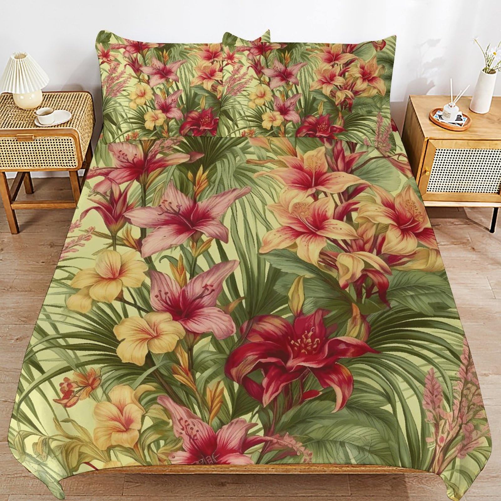 Set di biancheria da letto 3 pezzi, ultra morbido, con motivo floreale di palme tropicali + 2 federe, leggero copripiumino double-face per casa/hotel/regali, 228,6 x 228,6 cm