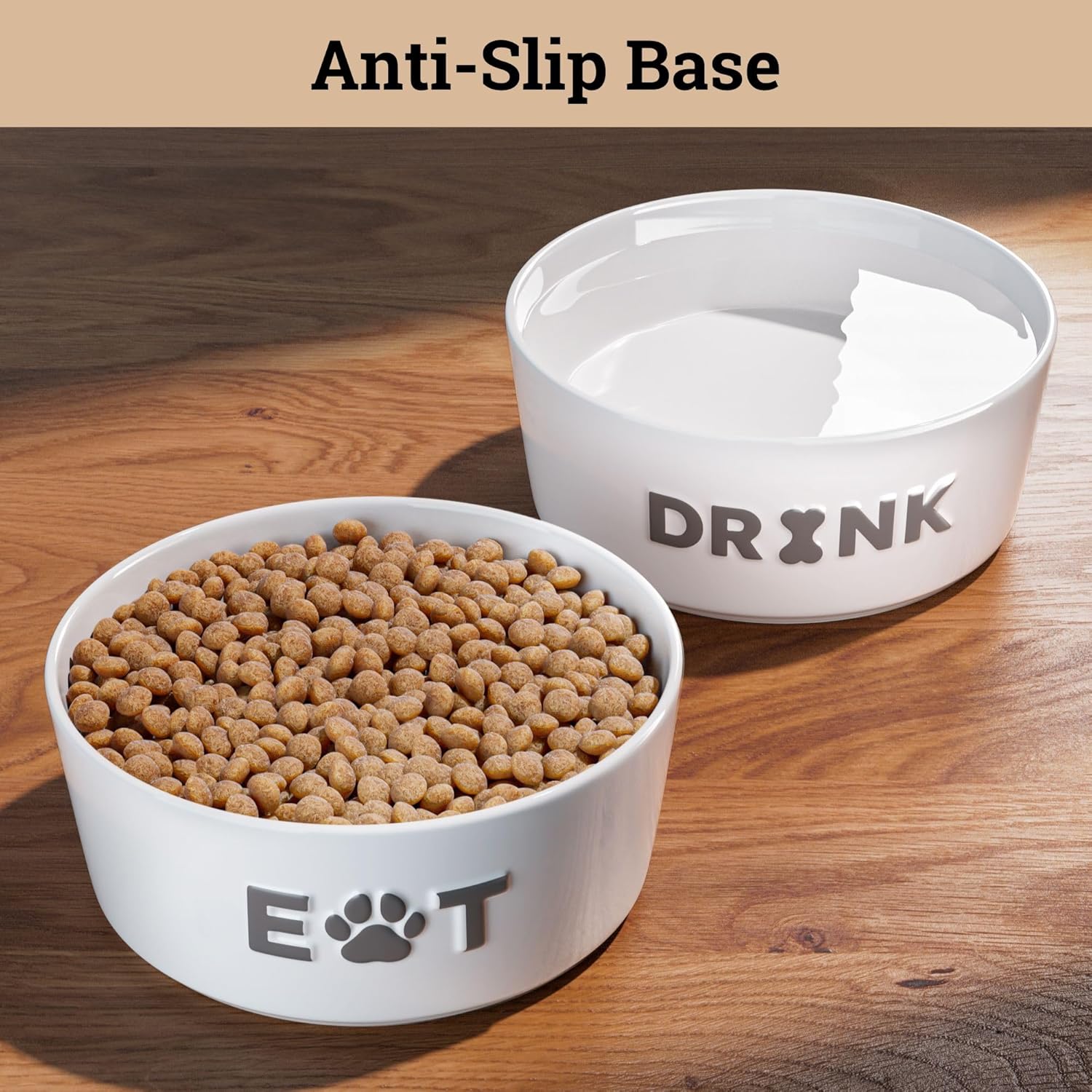 Ceramic Dog Bowl Set of 2 with Anti-Skid Base - 6.5" Wide x 2.5" Tall Ceramic Dog Bowls Medium Sized Dogs - 3.8 Cup Capacity Food and Water Bowls for Dogs - Rubber Bottom Pet Bowl Set of 2 Medium Size