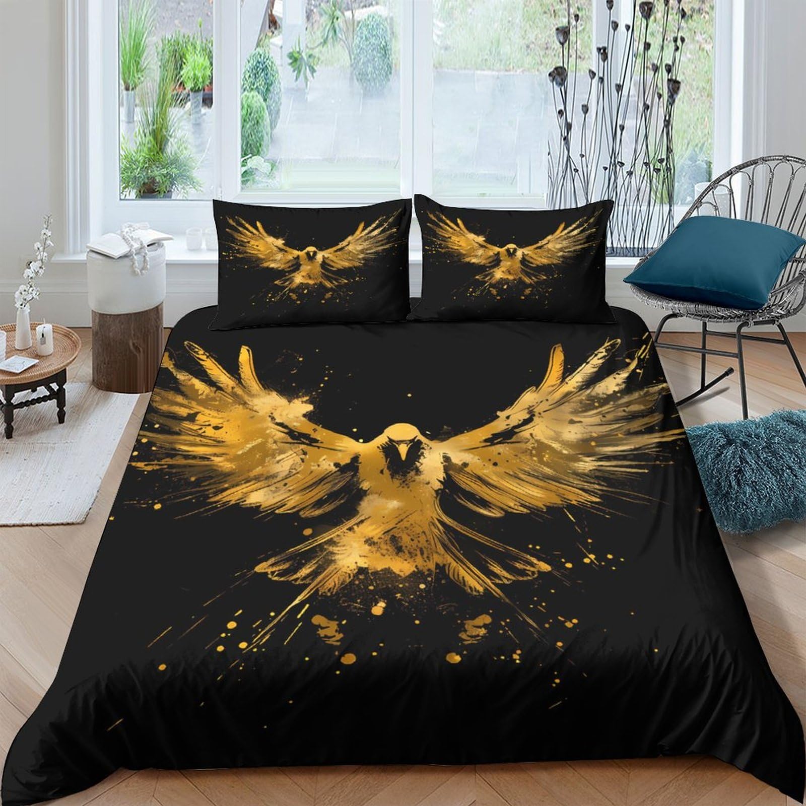 Ctjqhvkz Style-5 3D Printed Golden Phoenix Fitted Sheet Microfiber Black Bed Cover Bedroom Dorm Anti-Slip Washable Decorative Mattress Protection Single（135X200cm）