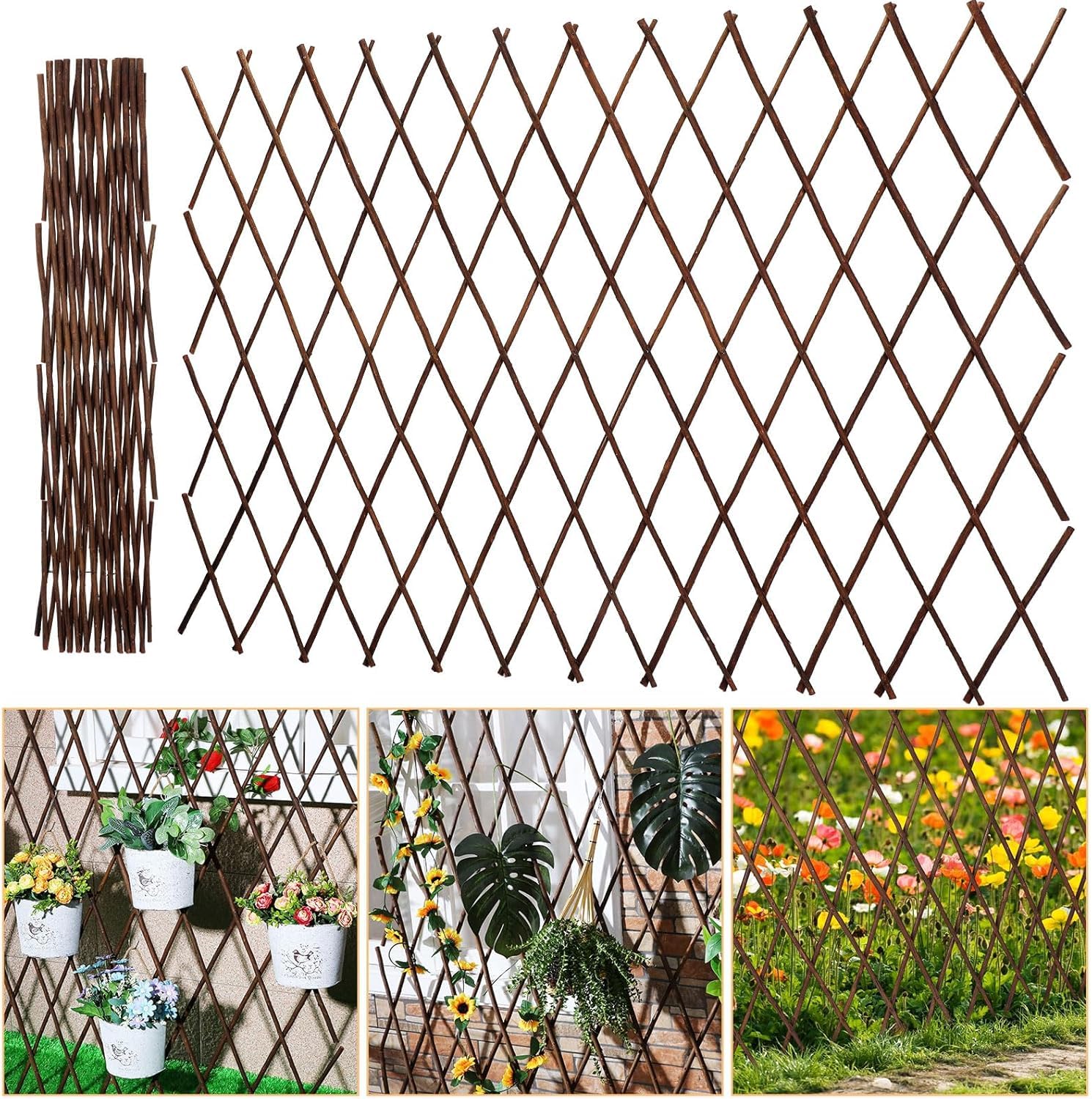 AJ Extendable Willow Trellis Natural Outdoor Expanding Wooden Plant Support, Weather‑Resistant 180 x 60 cm Spacing Climbing Plants, Flowers, Garden Décor, Wall & Fence Panels