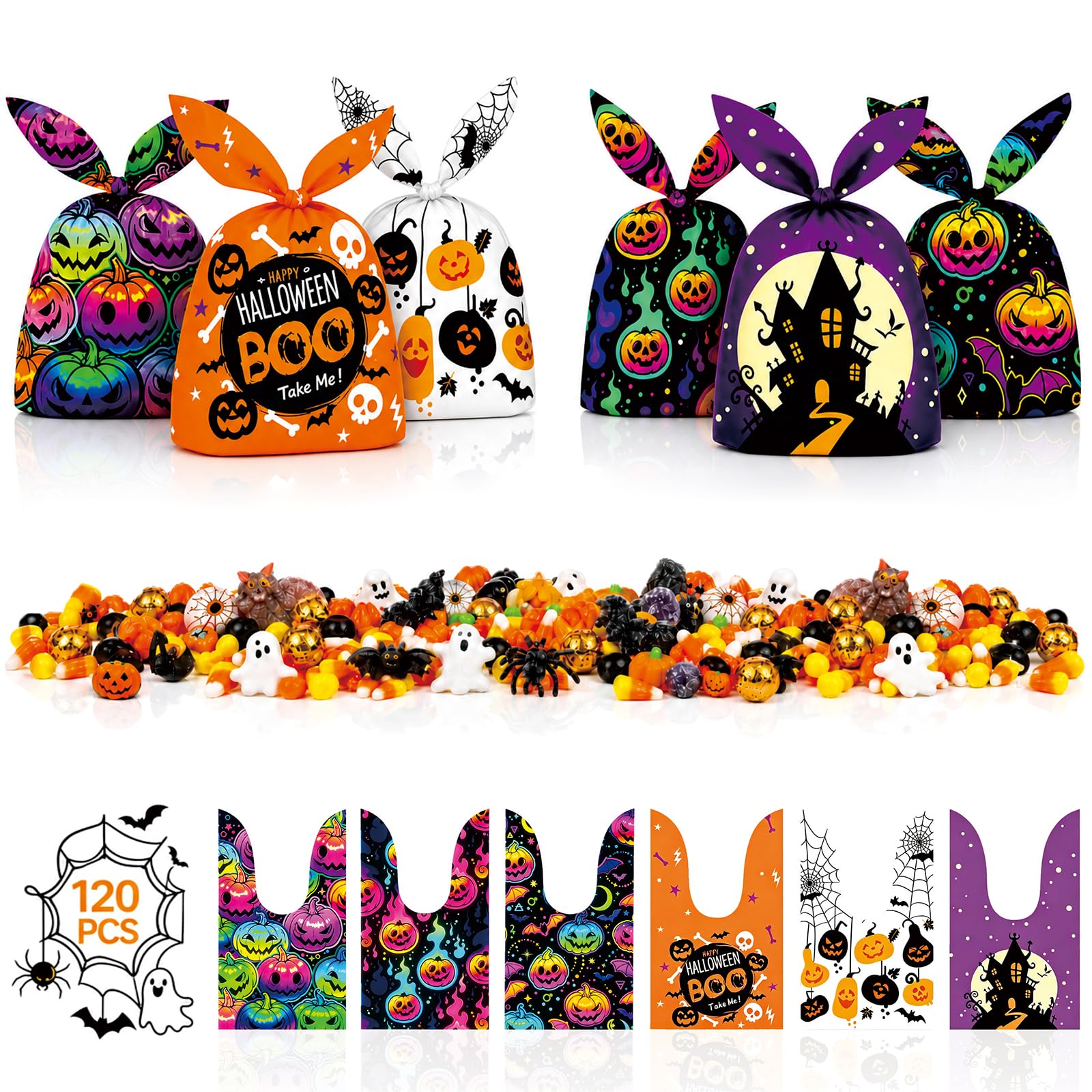 ANGELEMM Halloween Treat Bags for Sweets - 120PCS Halloween Party Gift Bags for Trick or Treating Candy Snack Biscuit Small Toy Supplies,6 Patterns
