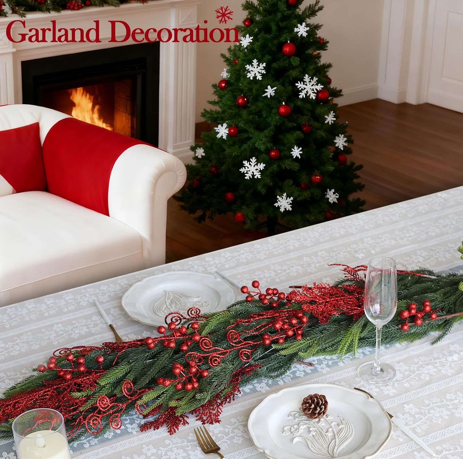 HOHOTIME 80Pcs Christmas Picks Set, Red Glitter Berry Stems & Pine Stems, Artificial Christmas Tree Picks for Christmas Tree Decoration, Garland Wreath Ornaments DIY Crafts Vases Holiday Home Decor