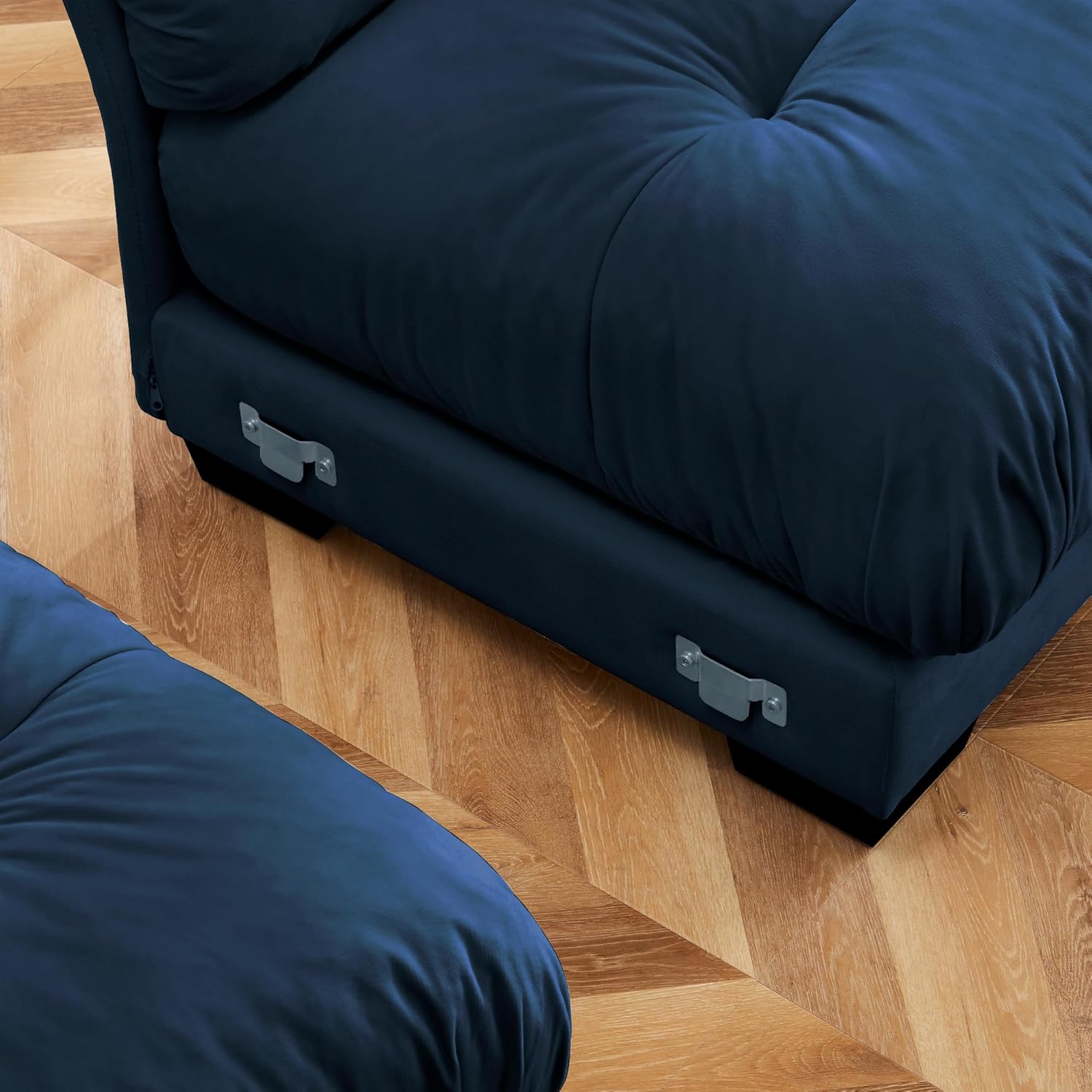 Oversized Modern Blue Velvet 2-Seater Sofa with Ottoman, Round Bolster Armrests & Decorative Pillows for Reading Room