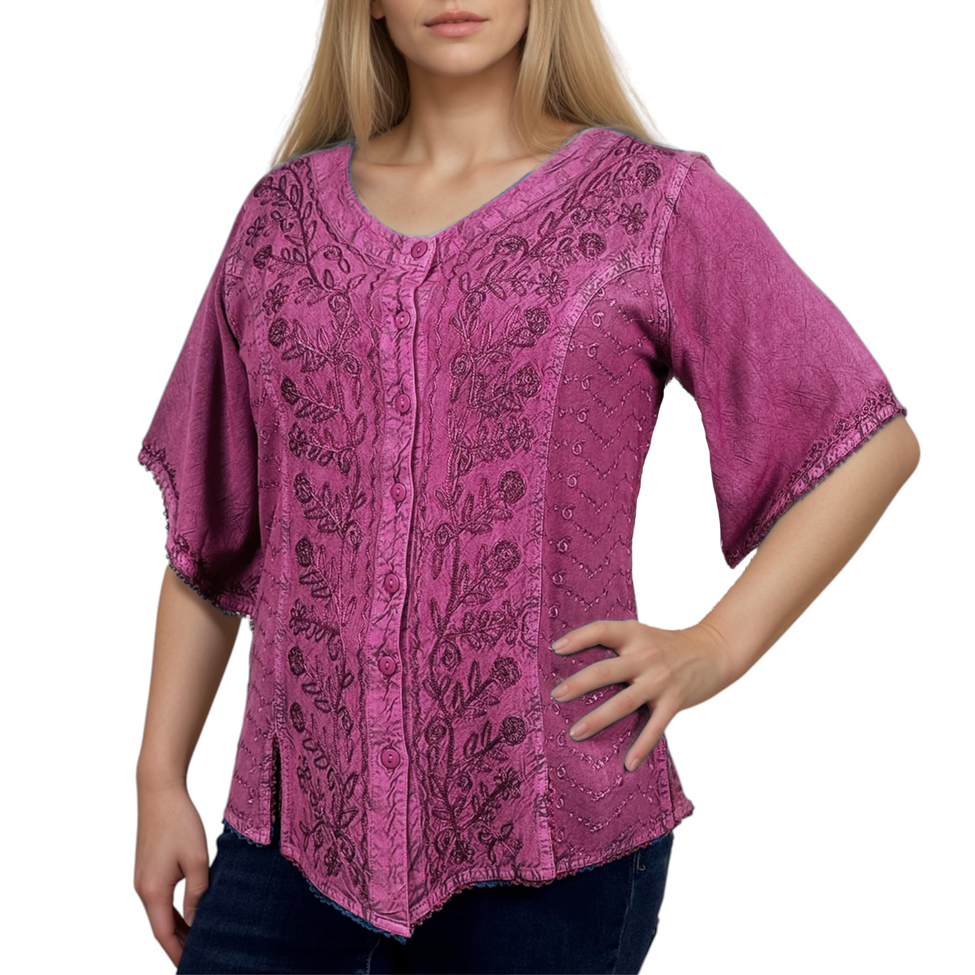 Agan Traders Women's 2026 Short Sleeve Embroidered Blouses - Medieval Vintage Button Down Comfy Tops for Women