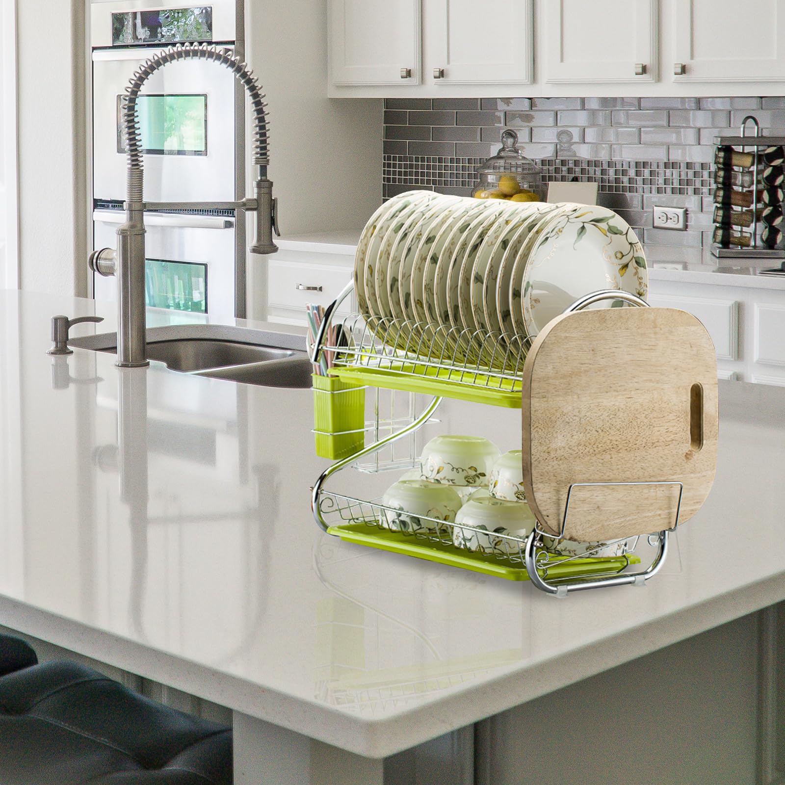 SUPVOX Égouttoir à Vaisselle Double Couche en Métal Vert Porte-ustensiles Intégré et Système de Drainage Pratique Cuisine, Hôtels et Restaurants
