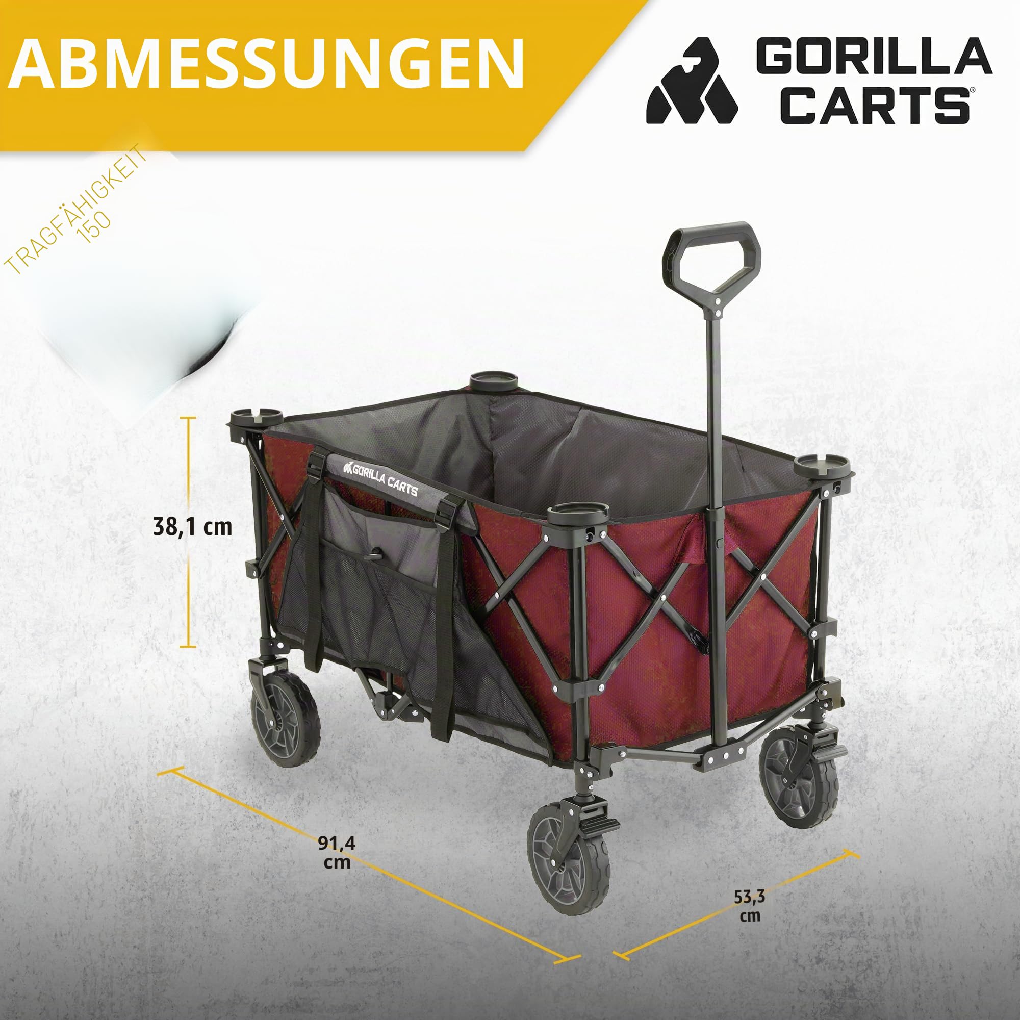 Gorilla Carts 7 Kubikfuß Faltbarer Festivalwagen, XXL All-Terrain-Utility-Pull-Campingwagen mit übergroßem Bett und integrierten Getränkehaltern, Gartenwagen 185L Fassungsvermögen, Rot