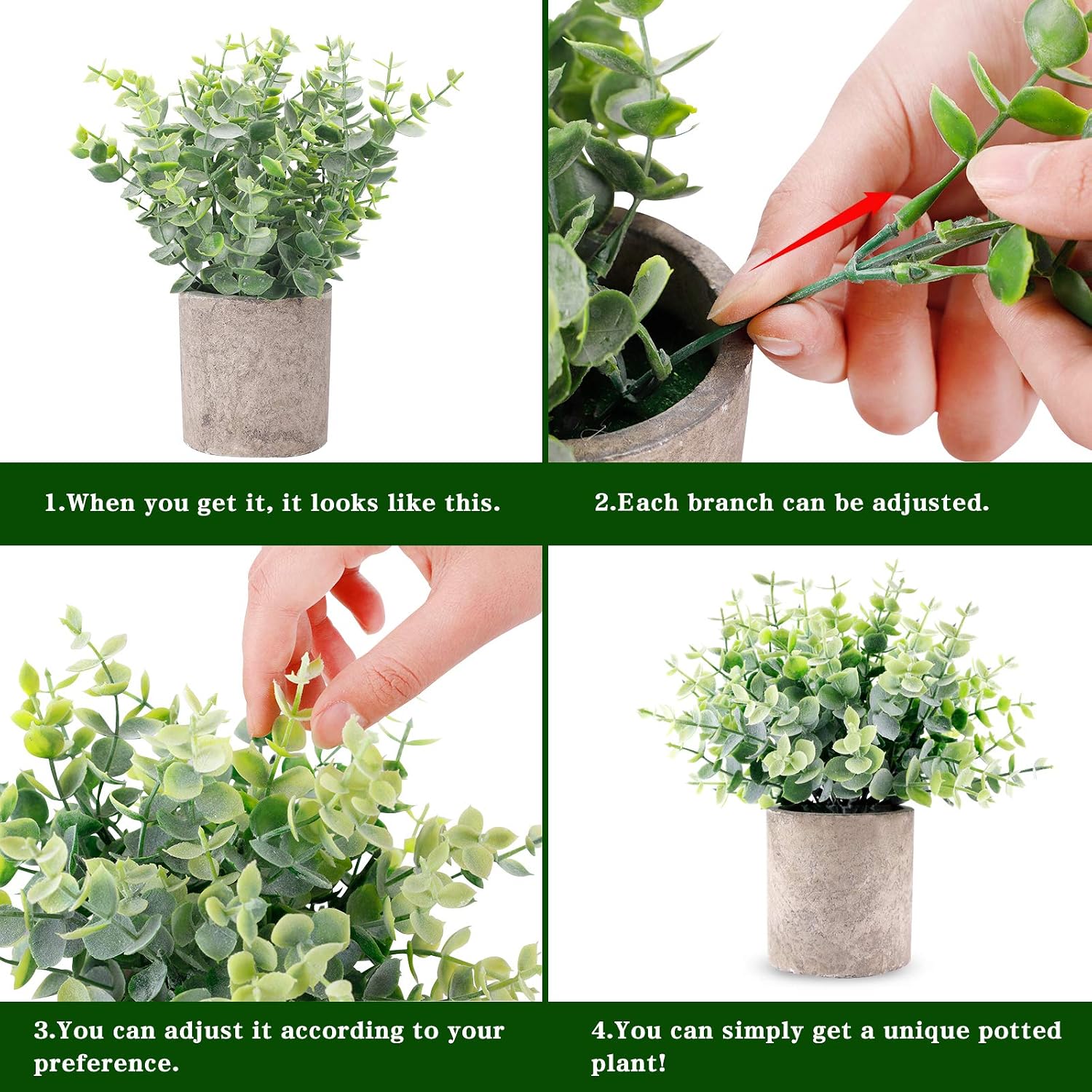 CEWOR 4 Packs Mini Potted Fake Plants Artificial Plastic Eucalyptus Potted Plants Greenery Centerpiece for Home Farmhouse Bathroom Office Desk Table Decor