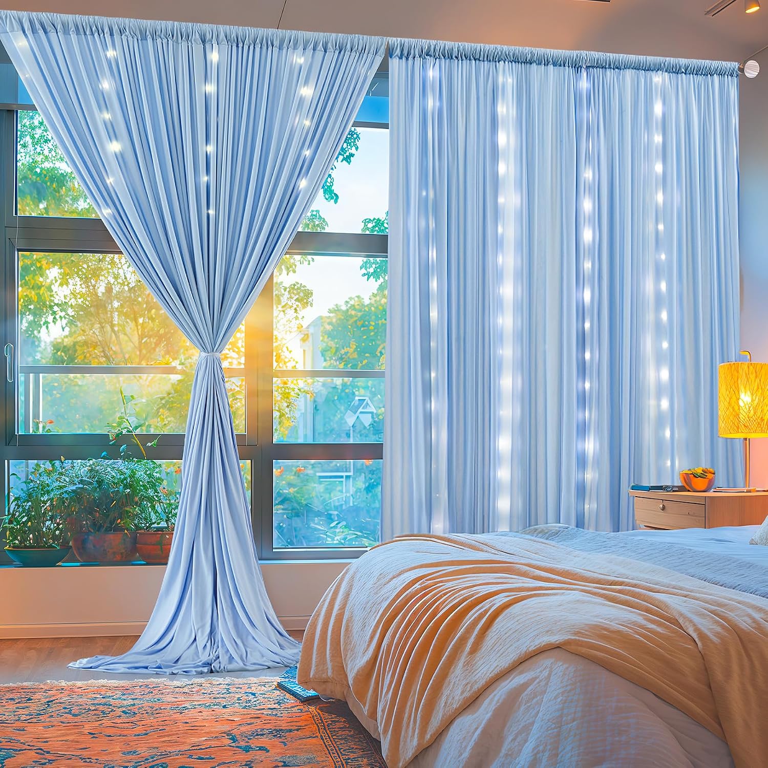 10 x 10ft Baby Blue Polyester Backdrop Curtains with Lights String for Baby Shower, Wedding, Anniversary & More - 2 Pack (5 x 10ft Each) with 9.8ft USB Powered Curtain Lights & 12 Clips