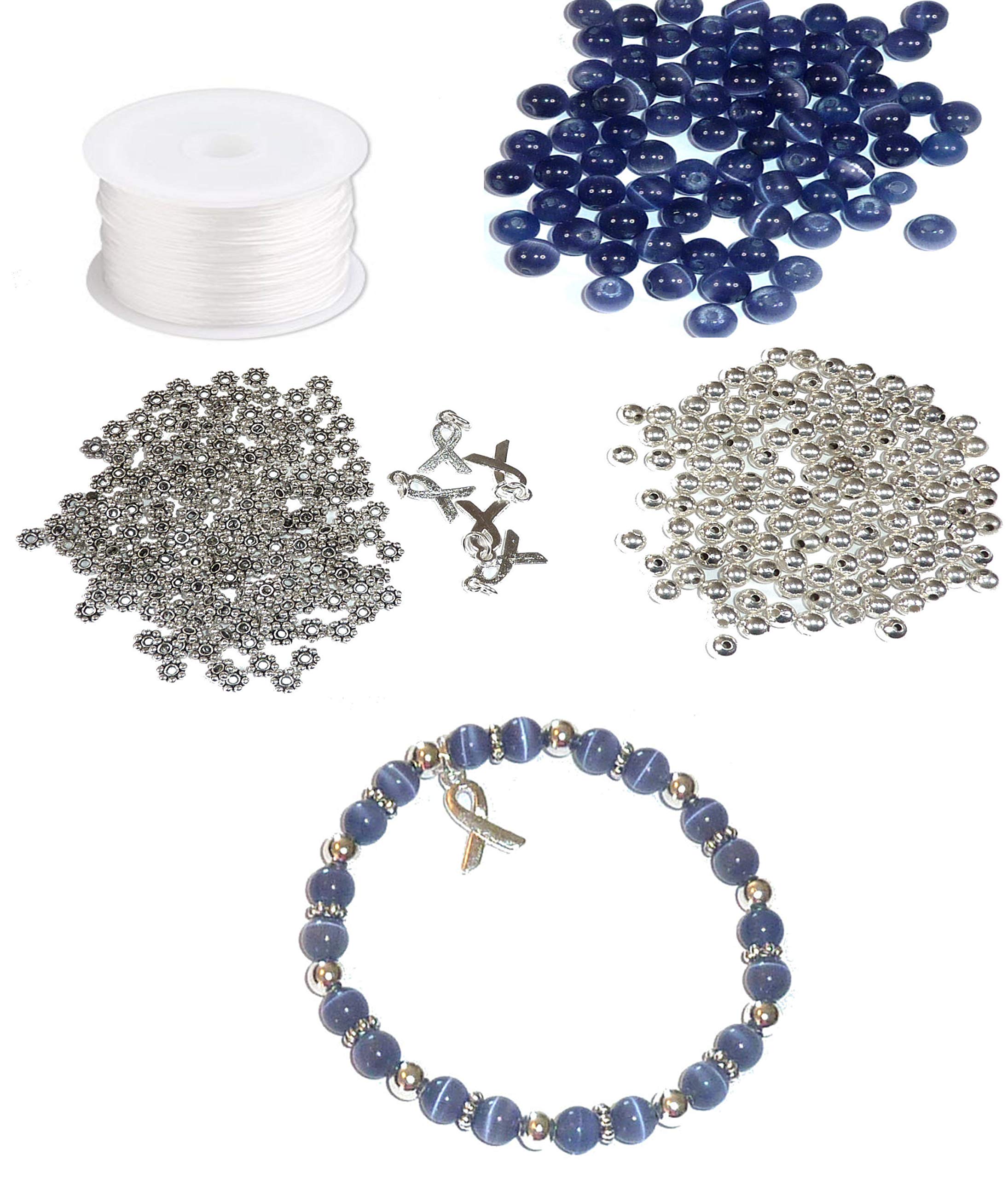 DIY Kit, Everything You Need to Make Cancer Awareness Bracelets, Uses Stretch Cord, Great for Fundraising (Stomach Cancer - Periwinkle - Makes 5)