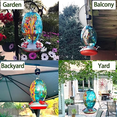 Miniatura 32 de Muse Garden - Comedero de vidrio soplado de 27 onzas para colibríes para exteriores; regalo p/mamá, mujeres, abuelos, decoración de jardín p/colgar