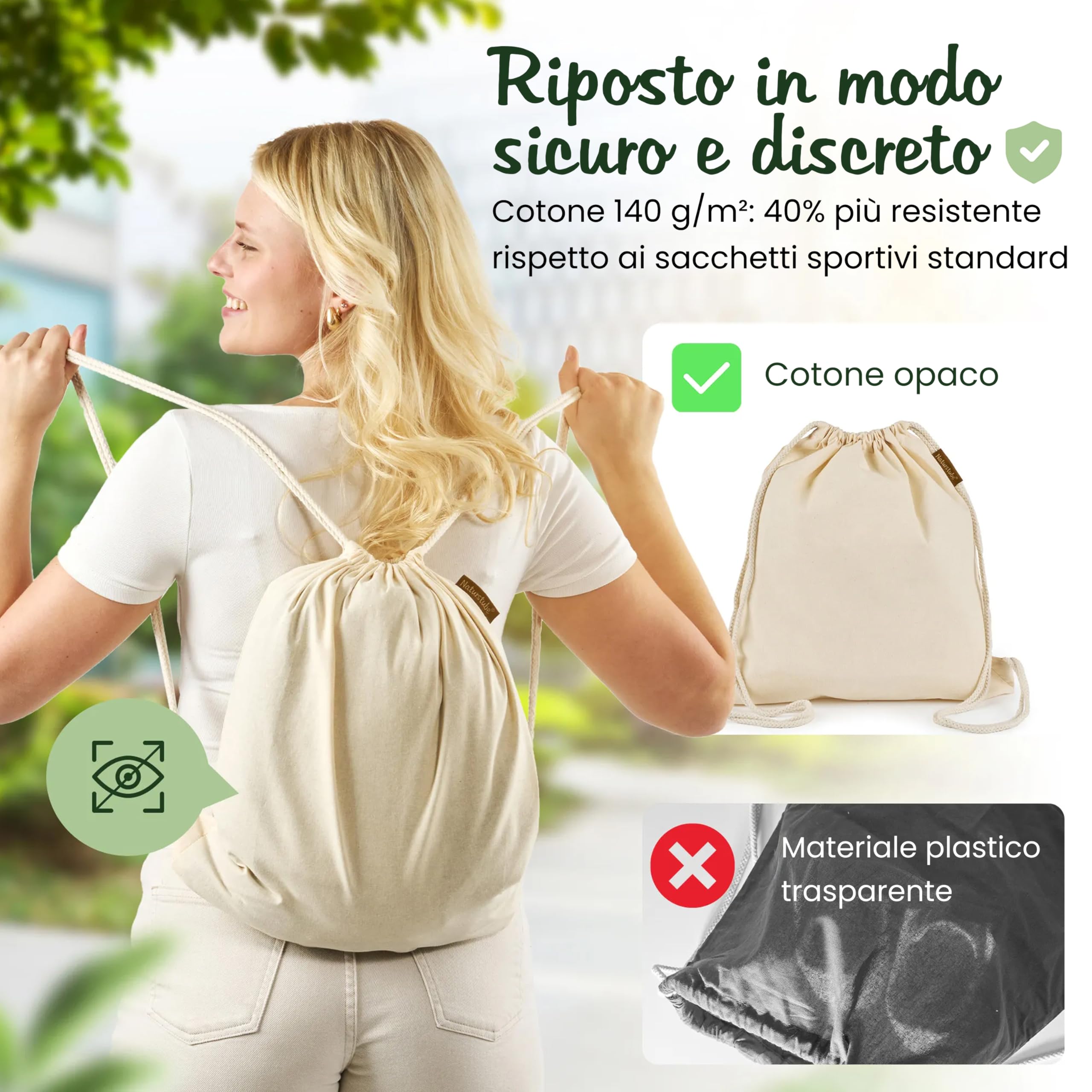 Sacca Sportiva in Cotone Naturale (10 Pezzi, 38 x 42 cm) Oeko-TEX® | Zaino Sacca con Coulisse da Palestra, Mare e Spiaggia | Sacchetta Porta Scarpe per Uomo, Donna e Bambini