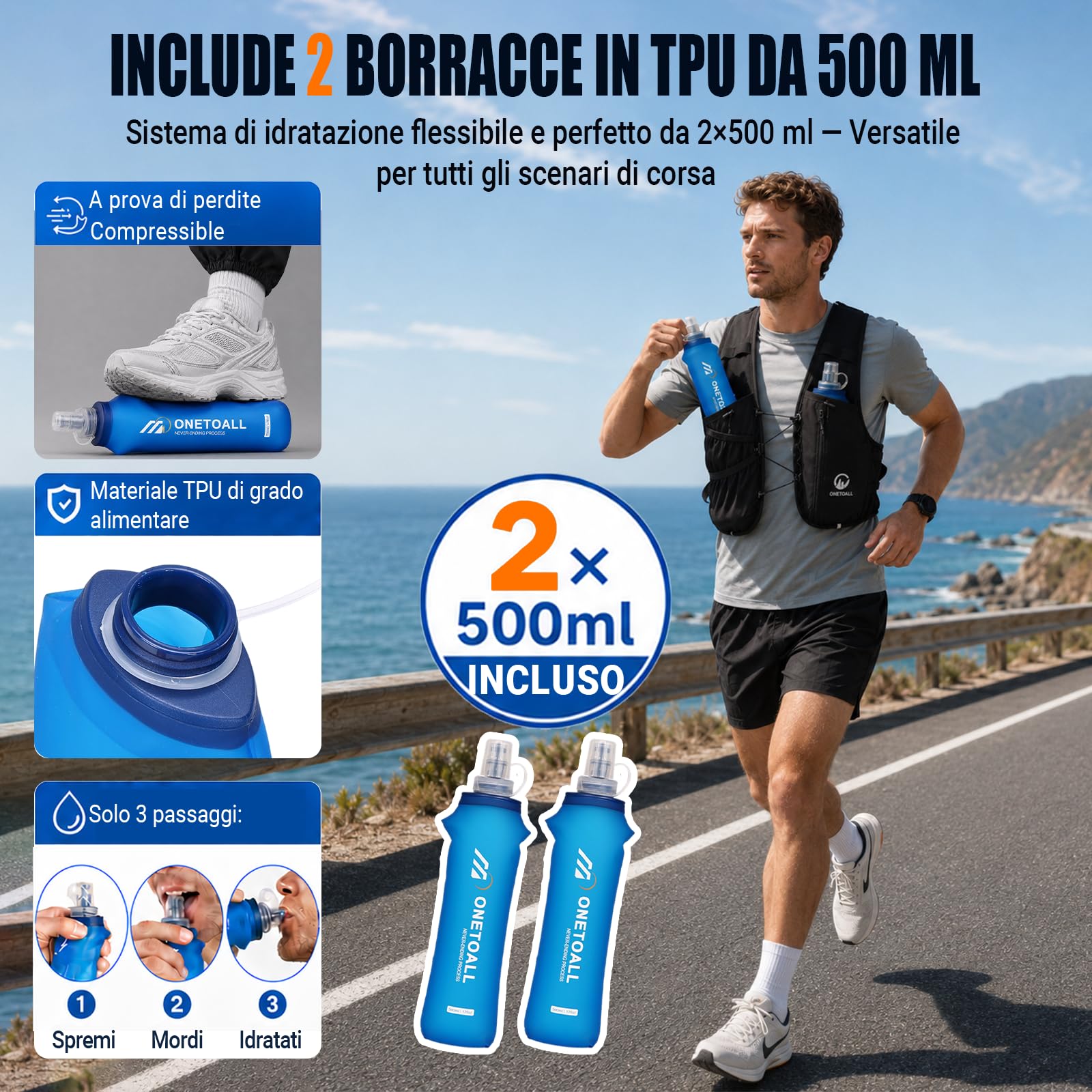 Gilet Running Uomo Donna, Zaino Trail Running, Running Vest con 2X Borraccia Morbida 500ml y Luce LED Ricaricabile, Gilet Corsa Leggero per Ultrarunning Jogging Marathon Trekking Ciclismo