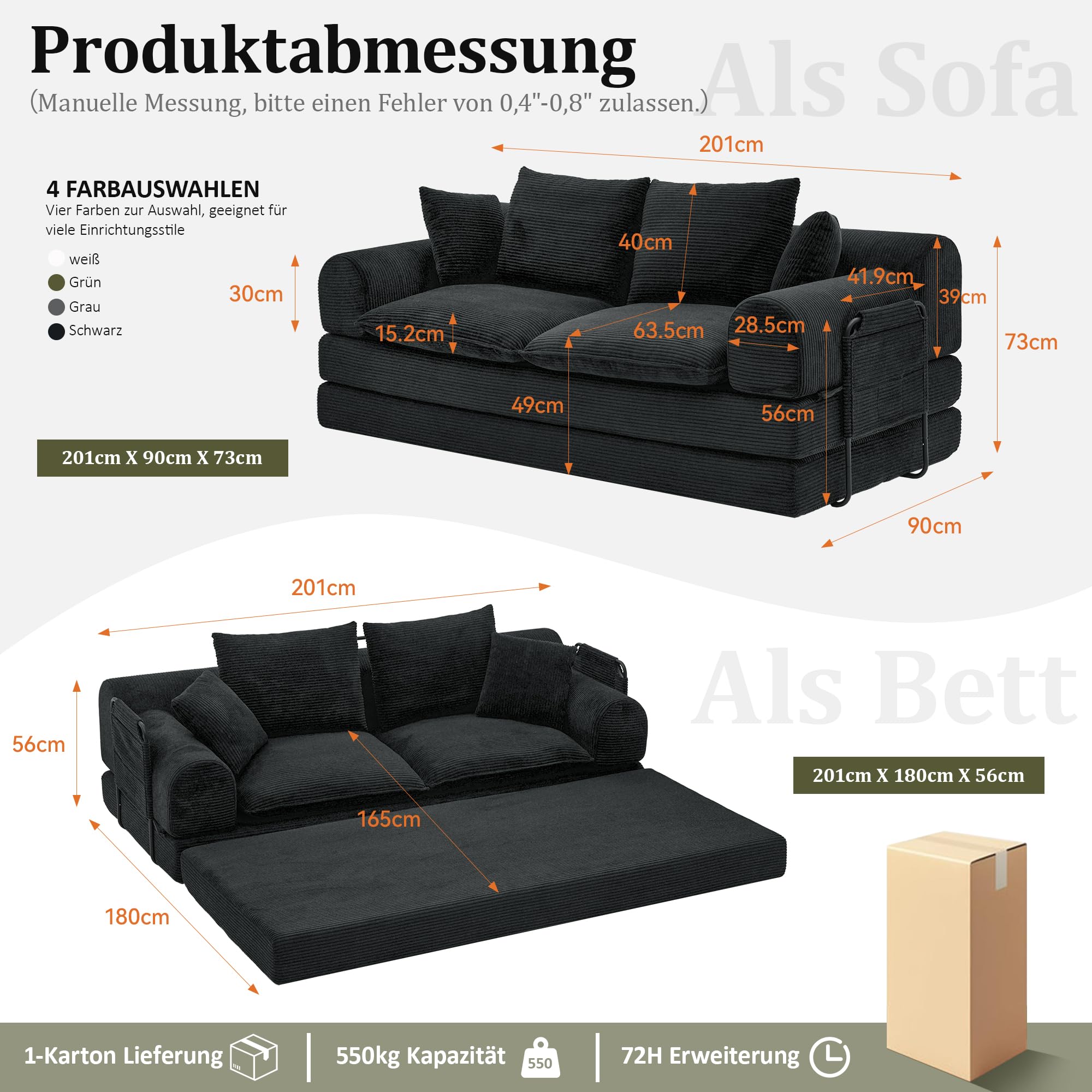 Vipbear Schlafsofa 201cm Breit, Boneless Couch mit Schlaffunktion Cord Sofa | 5-in-1 Bodensofa, 3 Sitzer Boneless Schlafcouch, Cloud Modulares Sofa Bed für Wohnzimmer Schlafzimmer Lounge Schwarz