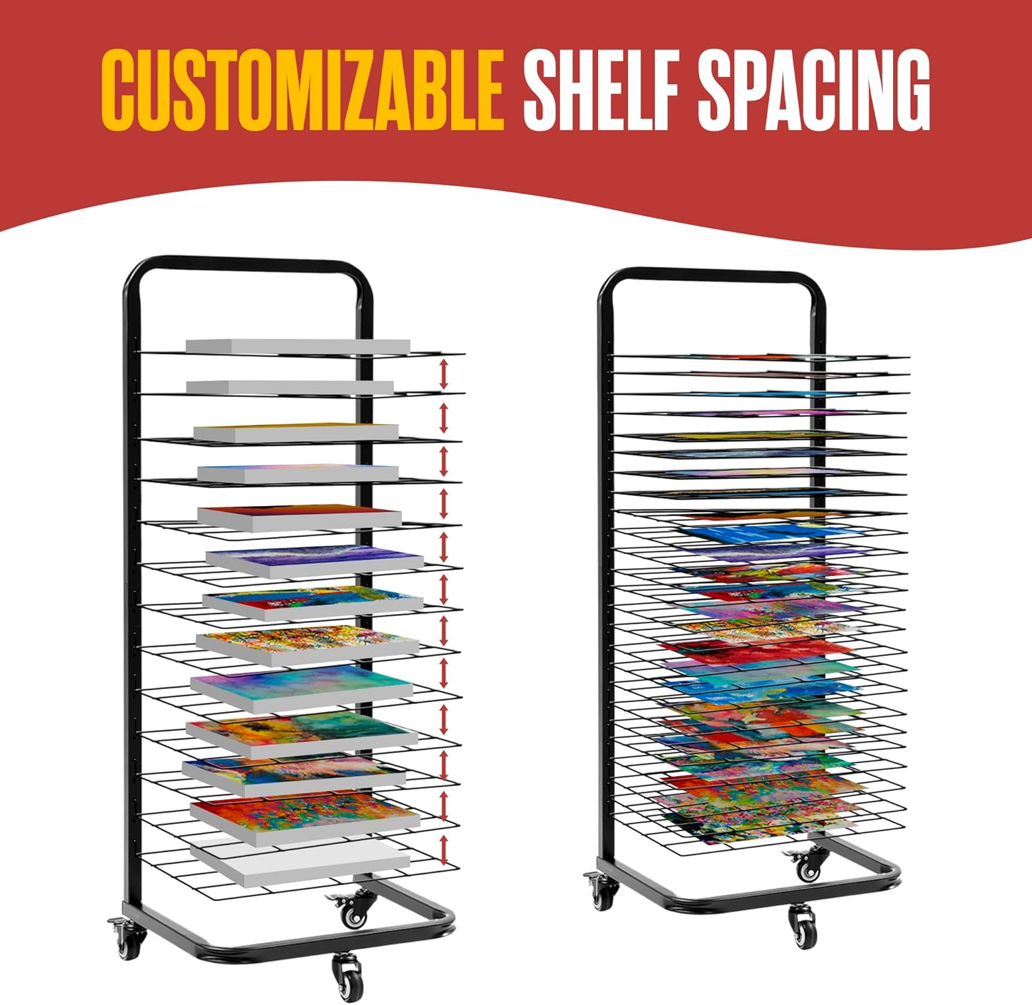 Houseables Art Drying Rack For Classroom, Paper Drying Rack, Art Dryer, Shelf Organizer For Painting, Paint, Canvas Storage, Preschool, Class Supplies, Studio, 25 Shelves, With Wheels, 45” x 18” x 13”